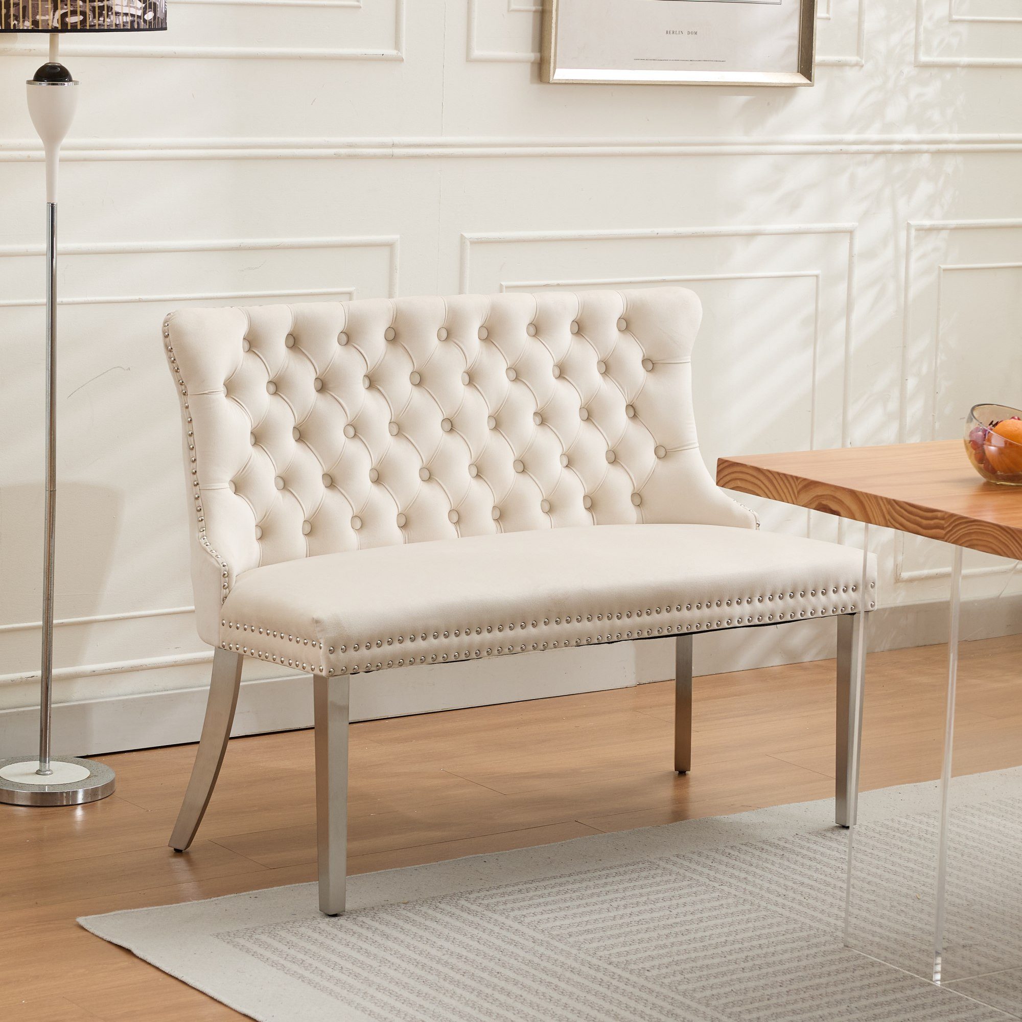 Luckice Bettbank Velvet Double Dining Loveseat Bench, Kitchen & Dining Seating (2-Seat Tufted Bench w/Handmade Buttons, Wing Back, Brushed Silver Stainless Steel Legs, Mid Century Modern, Single Pack)