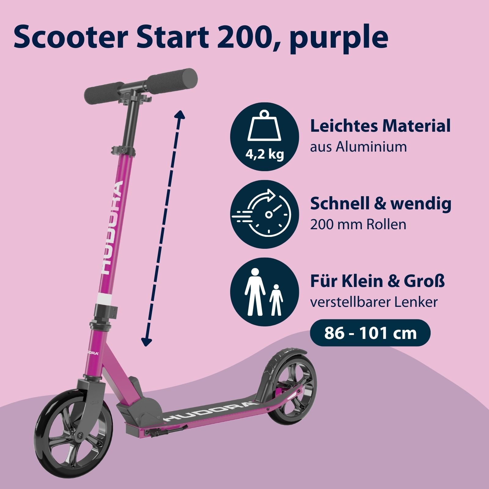 Hudora Cityroller Scooter Start 200 Höhenverstellbarer & zusammenklappbarer Cityroller, Kinder- & Erwachsenenroller für bis zu 100kg mit Ständer
