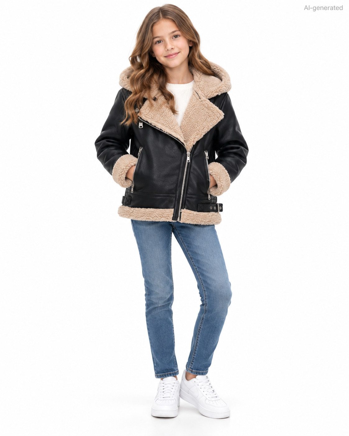 Girls Fashion Lederimitatjacke Mädchen Jacke im Leder-Look mit Teddyfutter und Kapuze