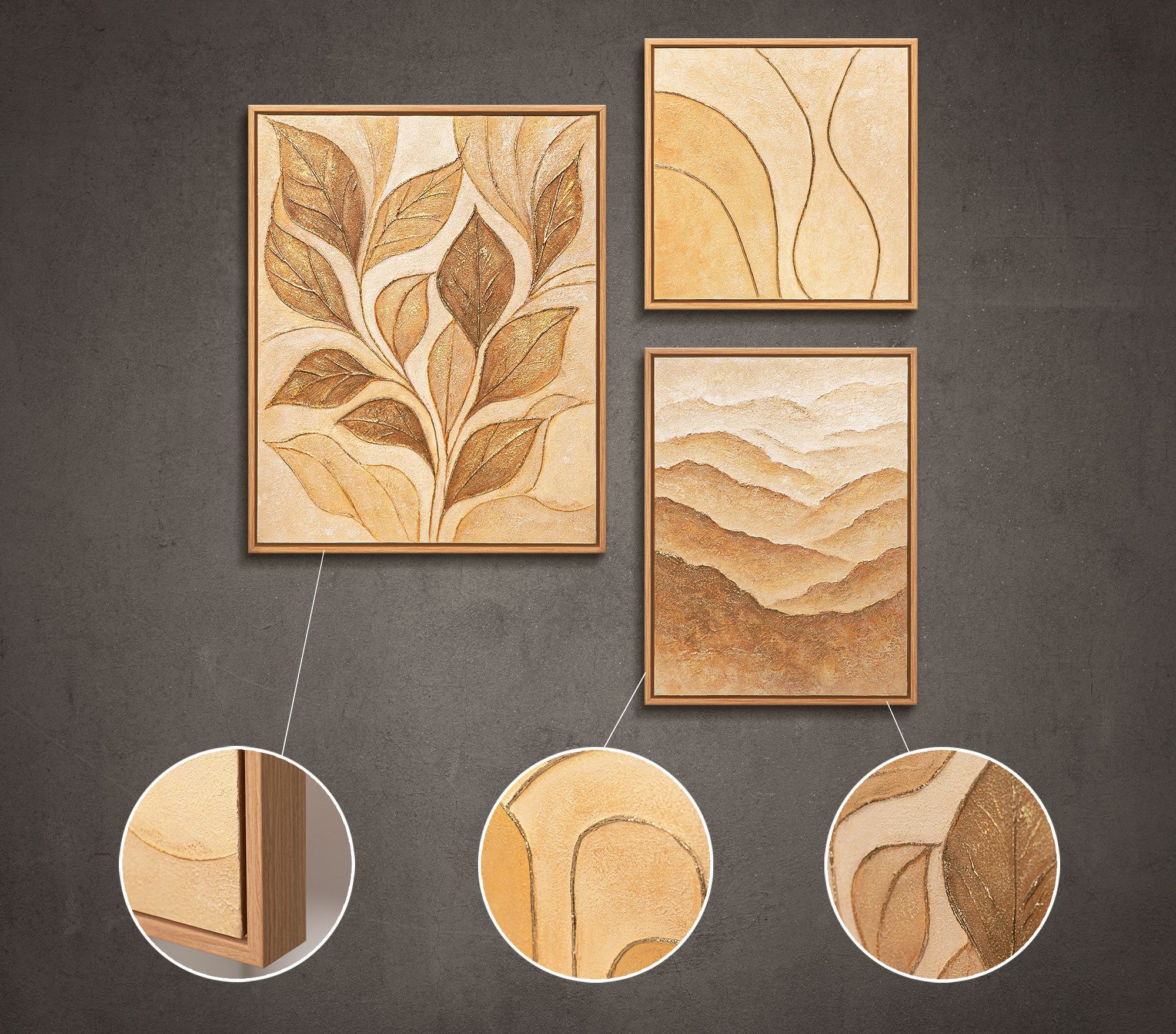 YS-Art Gemälde "Rascheln des Laubs", Blumen (Set, 3 St), Modernes Wandbilder Set Natur Beige – Abstrakt Bilder Set mit Rahmen