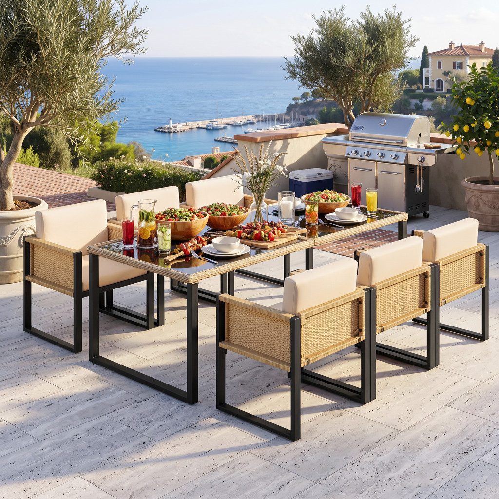 kowdom Gartenlounge-Set Polyrattan 6er Essgruppe, Sessel mit abnehmbaren&waschbaren Bezügen, (Essgruppe, Komplett-Set, 6-teilig), Hitzebeständige Glasplatte, Rostschutz, UV-beständig