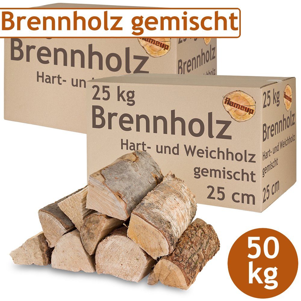 Flameup Kaminholz Brennholz Kaminholz gemischt 50 kg Holz Ofen Hartholz Weichholz 25 cm, 50 kg