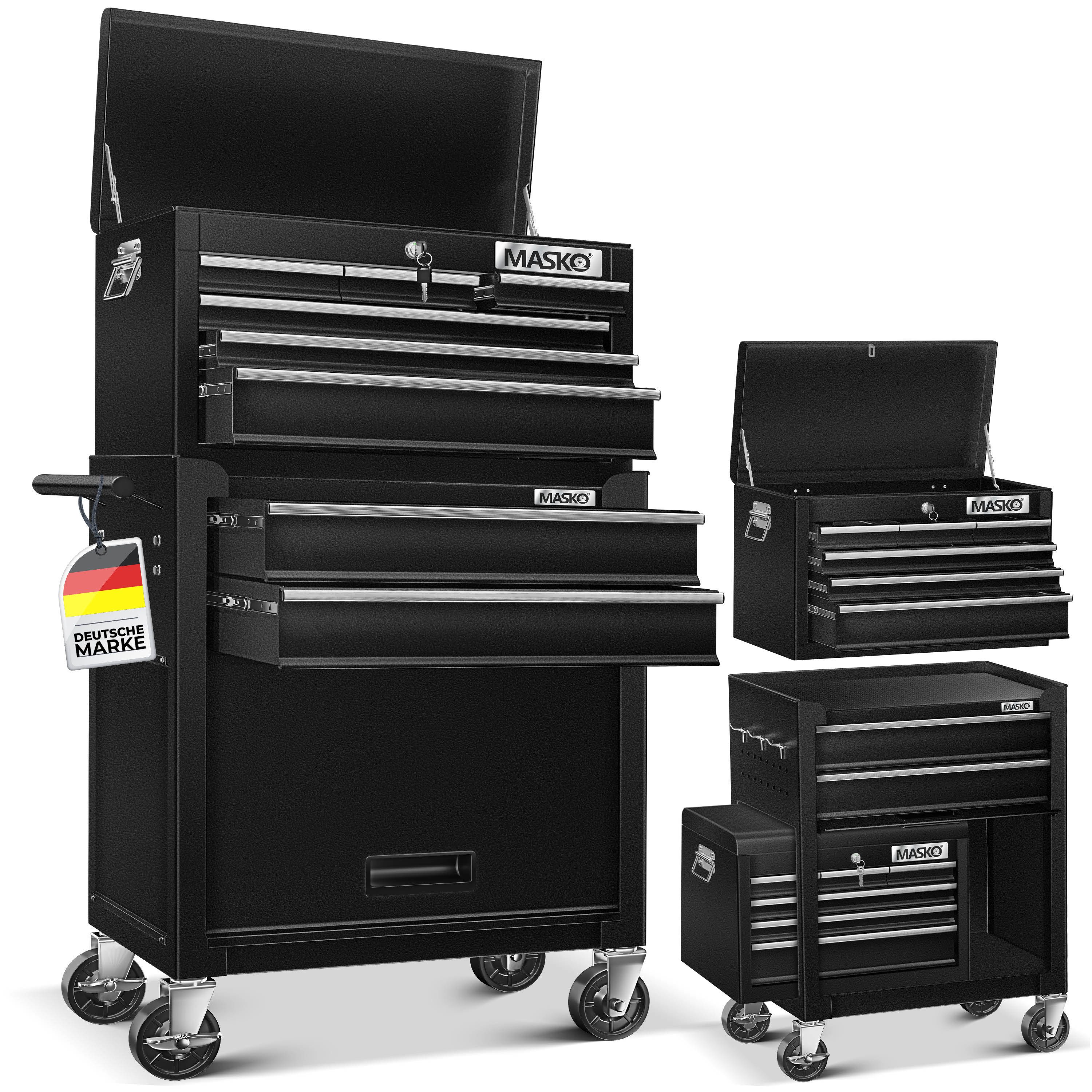 MASKO Werkstattwagen, schwarz, Werkzeugwagen inklusive Koffer 9 Fächer Abschließbar Metall Rollwagen
