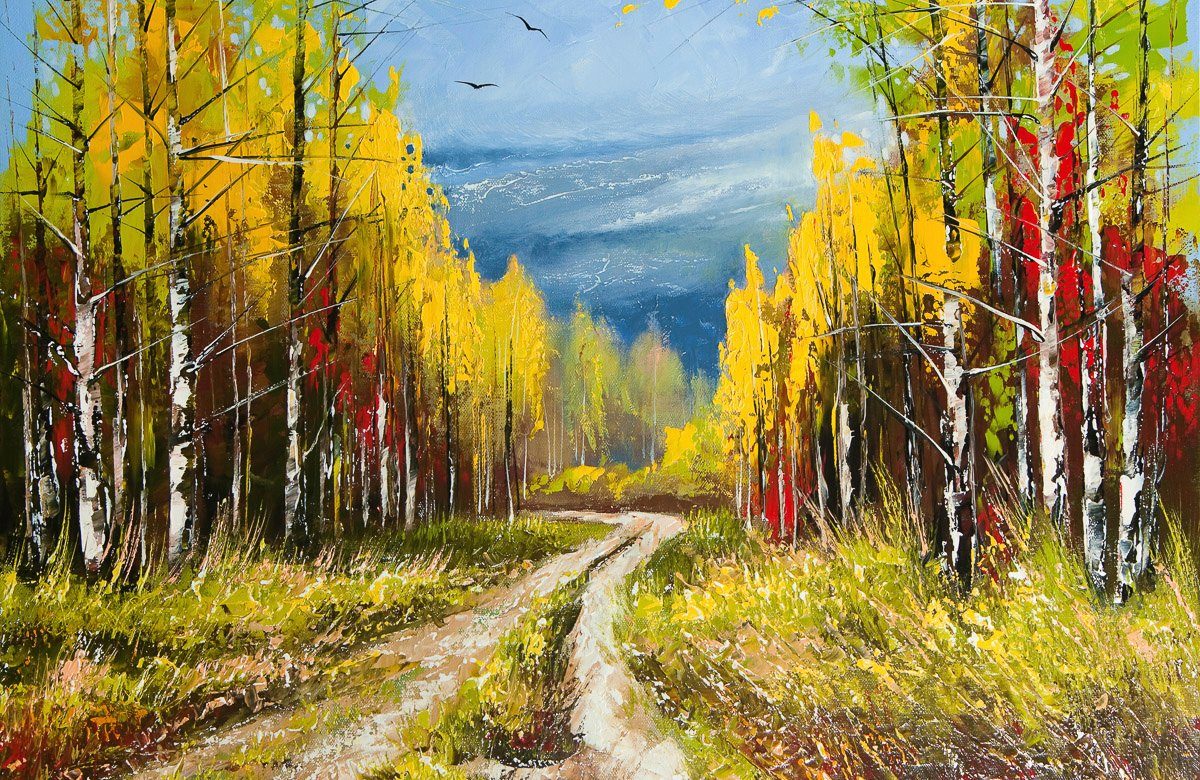 Papermoon Fototapete WALD-WEG-MALEREI HERBST LANDSCHAFT GEBIRGE günstig online kaufen