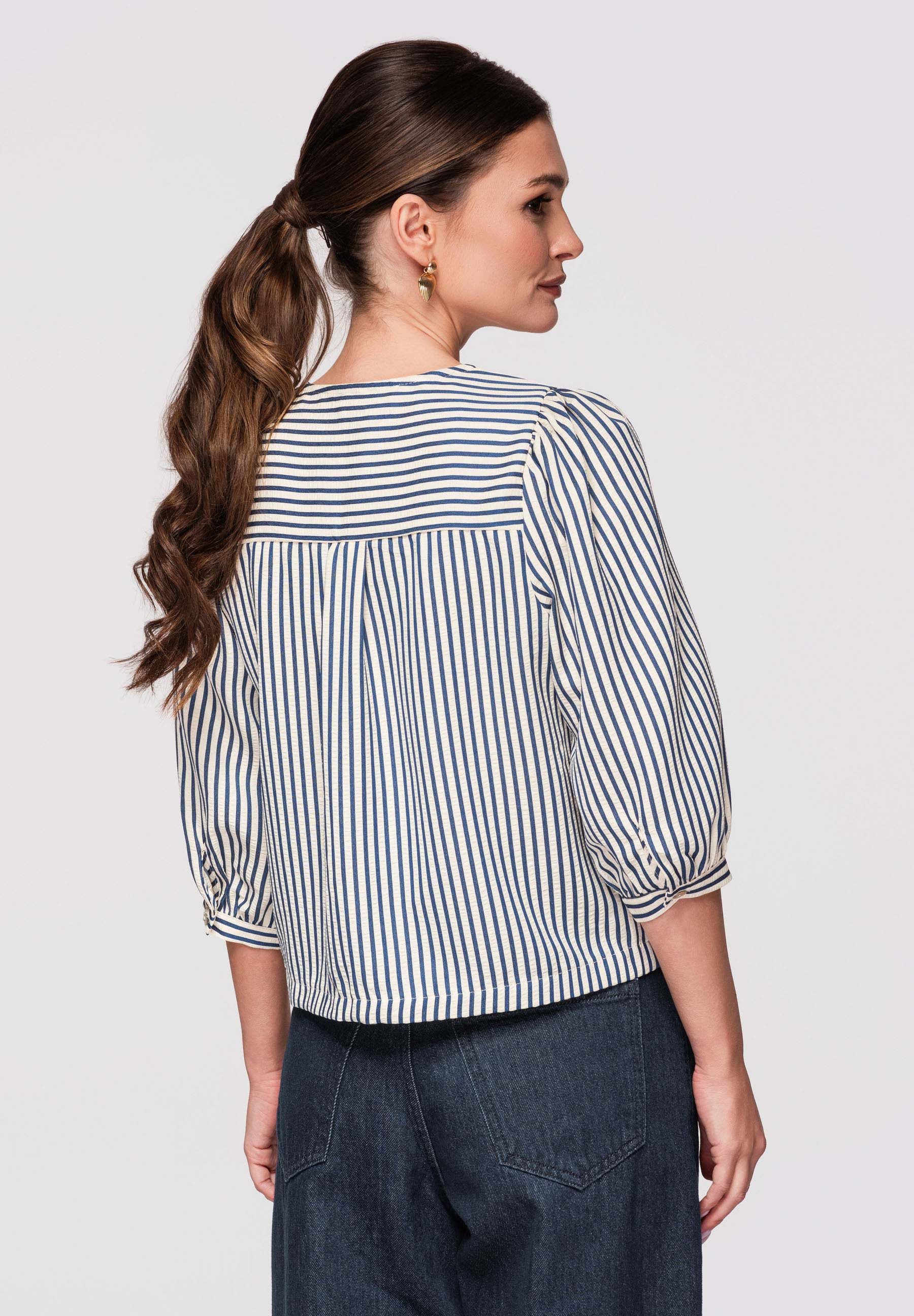 OMBRE Langarmbluse Damen Bluse Kurzarm Baumwolle V-Ausschnitt White/navy M/L (kein Set, 1-tlg) Kurze Bluse mit Bindedetail