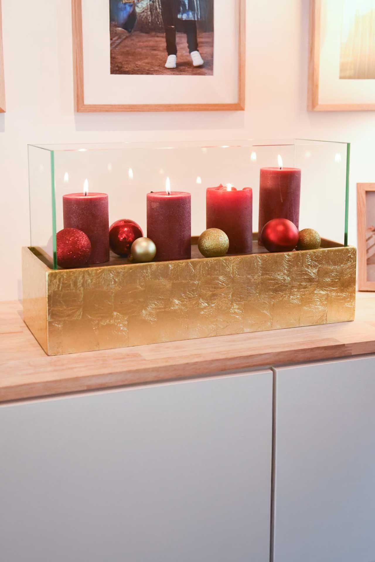 VIVANNO Windlicht Fiberglas CANDELITO Rechteckig - Blattgold Blattoptik Hochglanz (1 St), 50x20x29 cm
