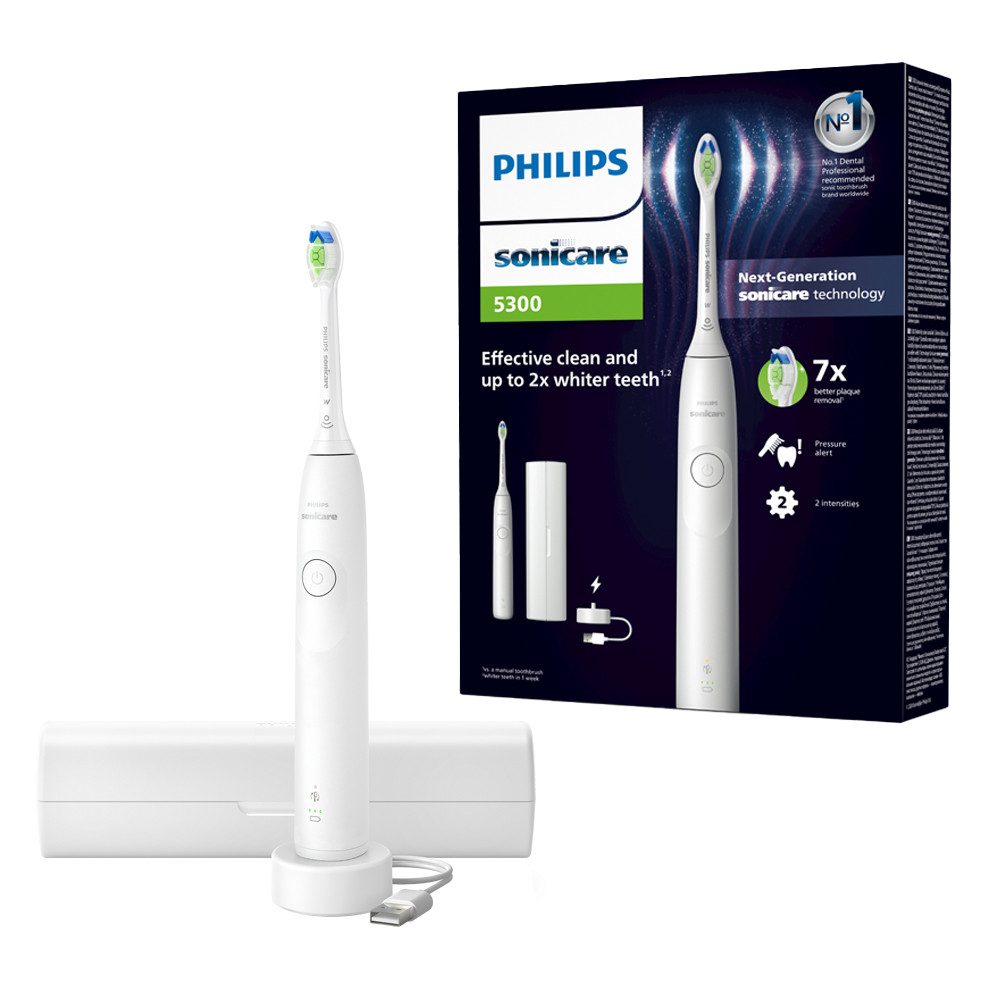 Philips Sonicare Elektrische Zahnbürste Series 5300, Aufsteckbürsten: 1 St., mit Andruckkontrolle, 2 Intensitätsstufen, inkl. Ladegerät, Reiseetui