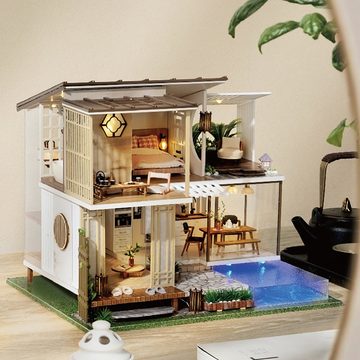 Cute Room 3D-Puzzle DIY holz Miniature Haus Puppenhaus Chalet mit Pool, Puzzleteile, 3D-Puzzle, Miniaturhaus, Maßstab 1:32, Modellbausatz zum basteln