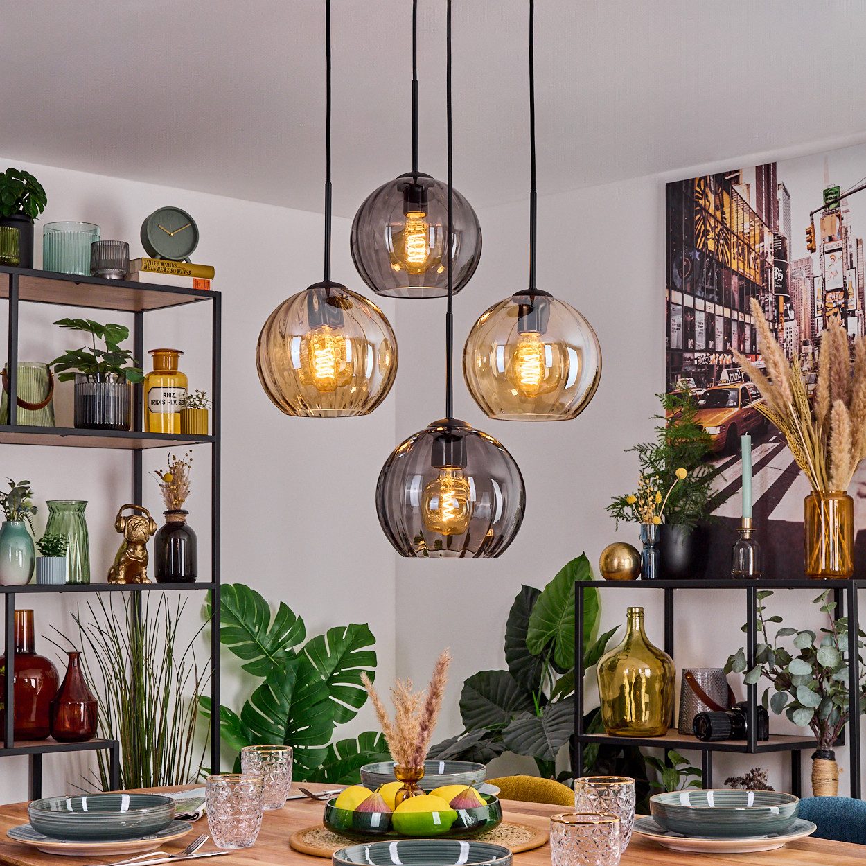 hofstein Hängeleuchte Hängelampe aus Metall/Riffelglas in Schwarz/Bernstein-/Rauchfarben, ohne Leuchtmittel, Pendelleuchte im Retro/Vintage-Design (Schirme Ø 20 cm), 4 x E27