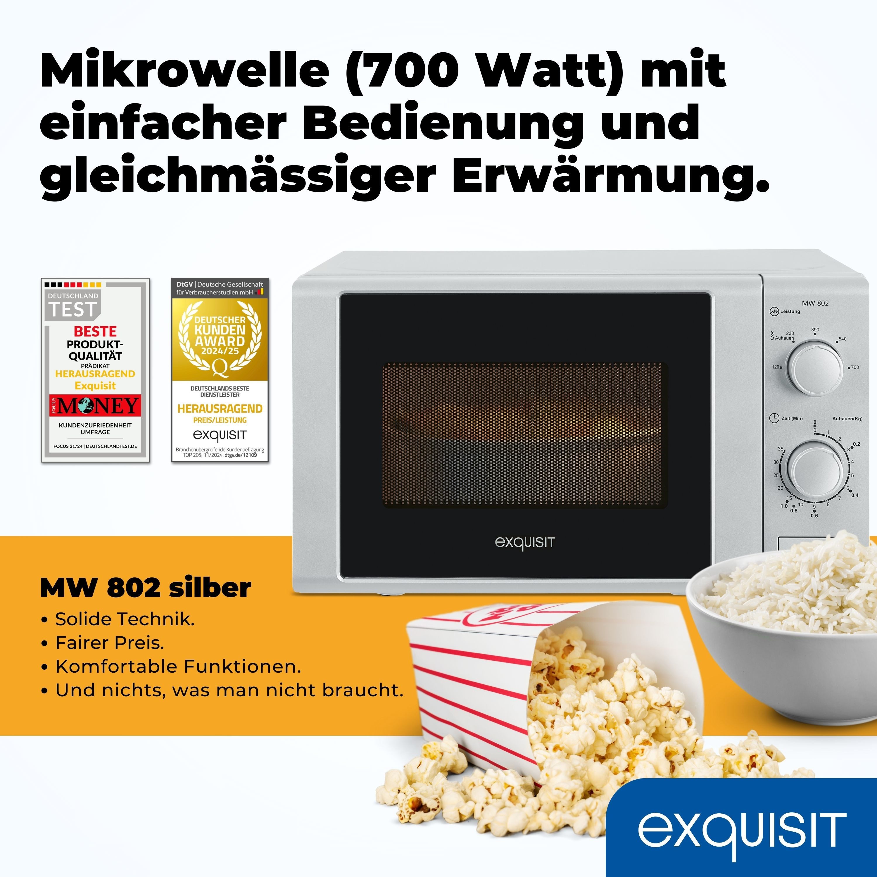 exquisit Mikrowelle MW 802, Mikrowelle, 20,00 l, 20 Liter, 25,5 cm Drehteller, inkl. Timer, einfach Bedienung, 700 Watt