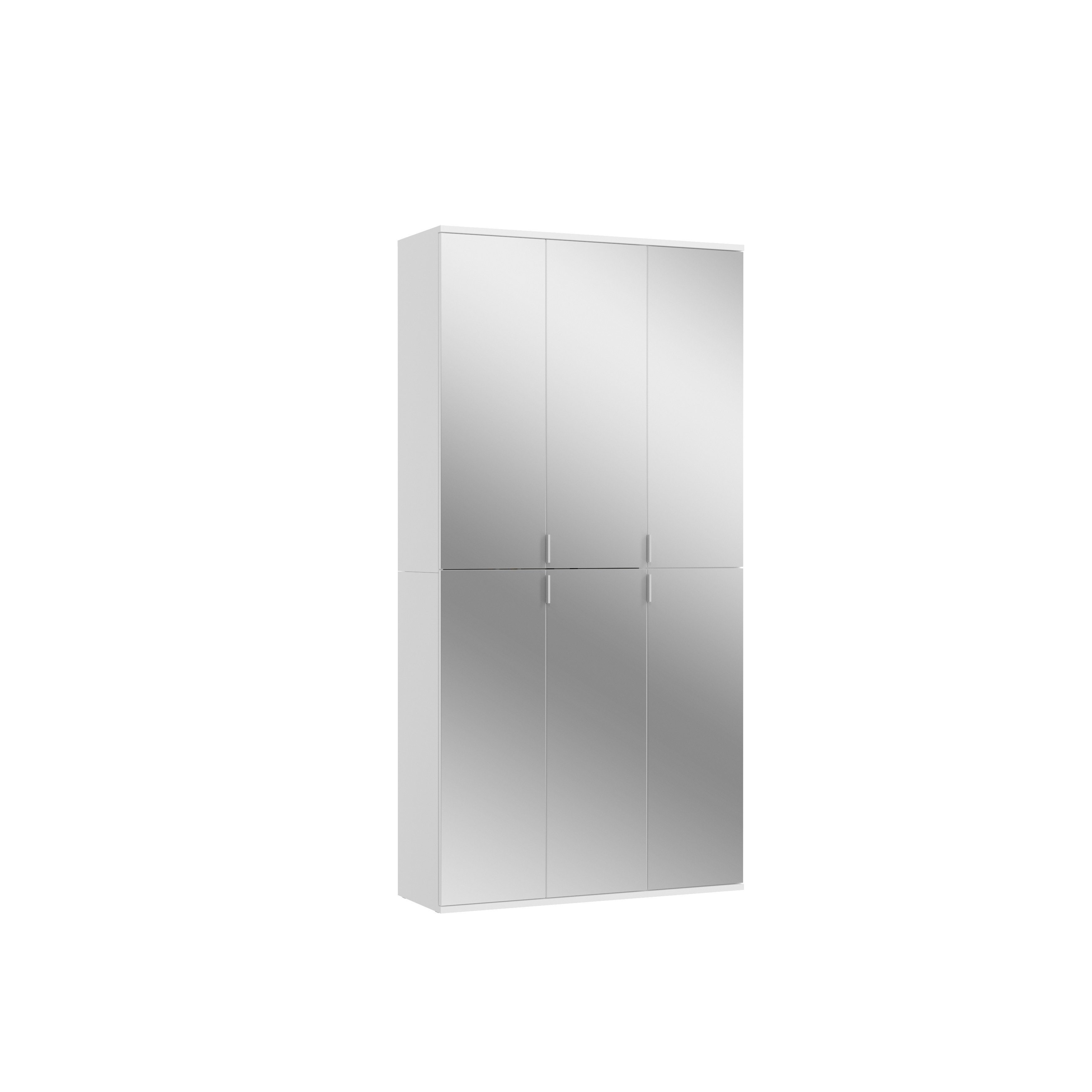 möbelando Garderobenschrank Paterson Eleganter Garderobenschrank aus Spanplatte in Weiß, mit 6 Spiegeltüren, 1 Kleiderstange und 13 Ablageböden. Breite 98 cm, Höhe 193 cm, Tiefe 34 cm