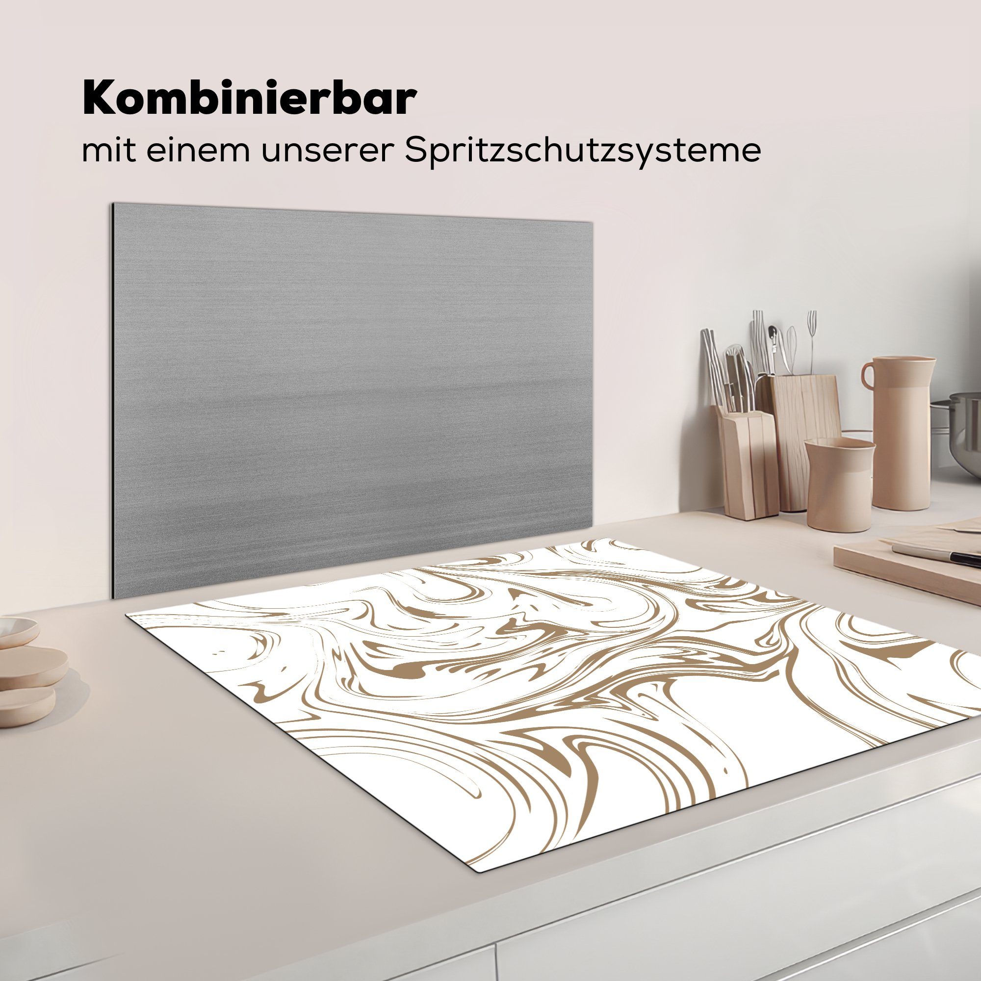 für 78x78 Vinyl, Beige Arbeitsplatte küche MuchoWow Ceranfeldabdeckung, Marmor - Herdblende-/Abdeckplatte Muster, tlg), cm, (1 -