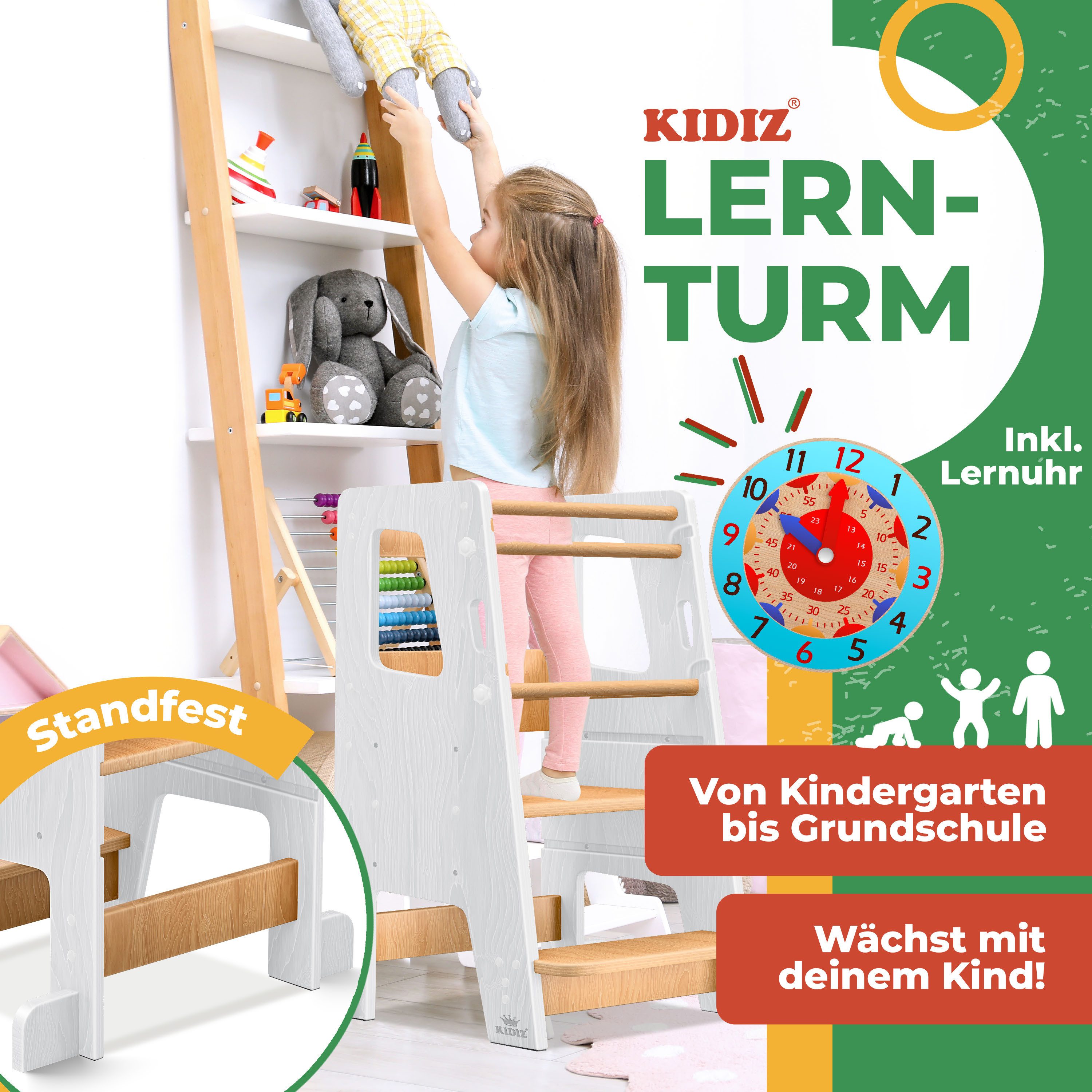 KIDIZ Stehhilfe (Tritthocker inklusive Lernuhr & abnehmbarer Anti-Kipp-Schutz), 3-stufig Höhenverstellbar, spielerisch motorische Fähigkeiten fördern