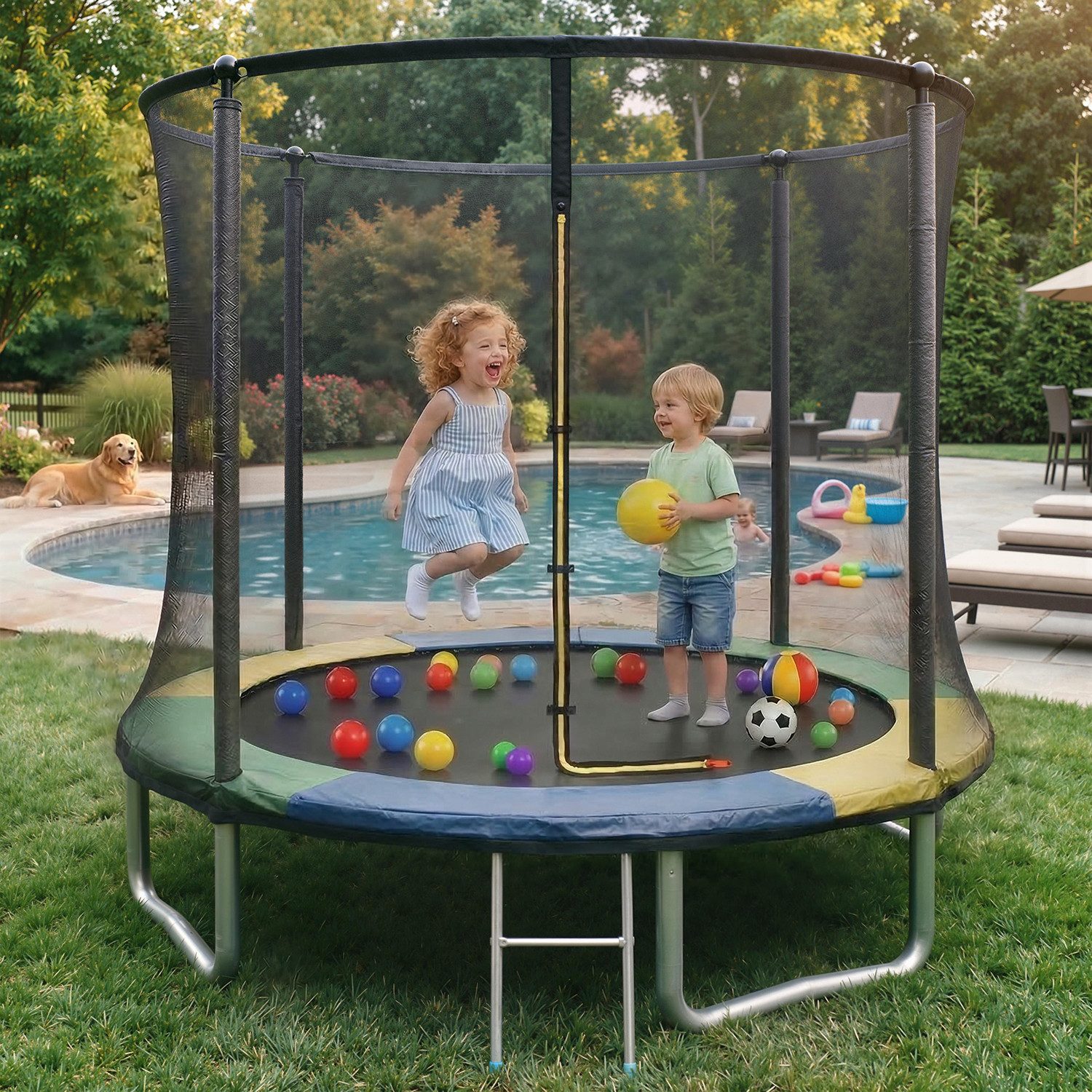 GUNJI Gartentrampolin 183/228/305 cm Garten-Kindertrampolin, max. Belastbarkeit 150KG, Ø 183 cm, (183 cm, (183/ 228/305/366/427 cm, Outdoor-Gartentrampolin mit Sicherheitsnetz, doppelter Schutz mit Schutzmatte)-ostern geschenke)
