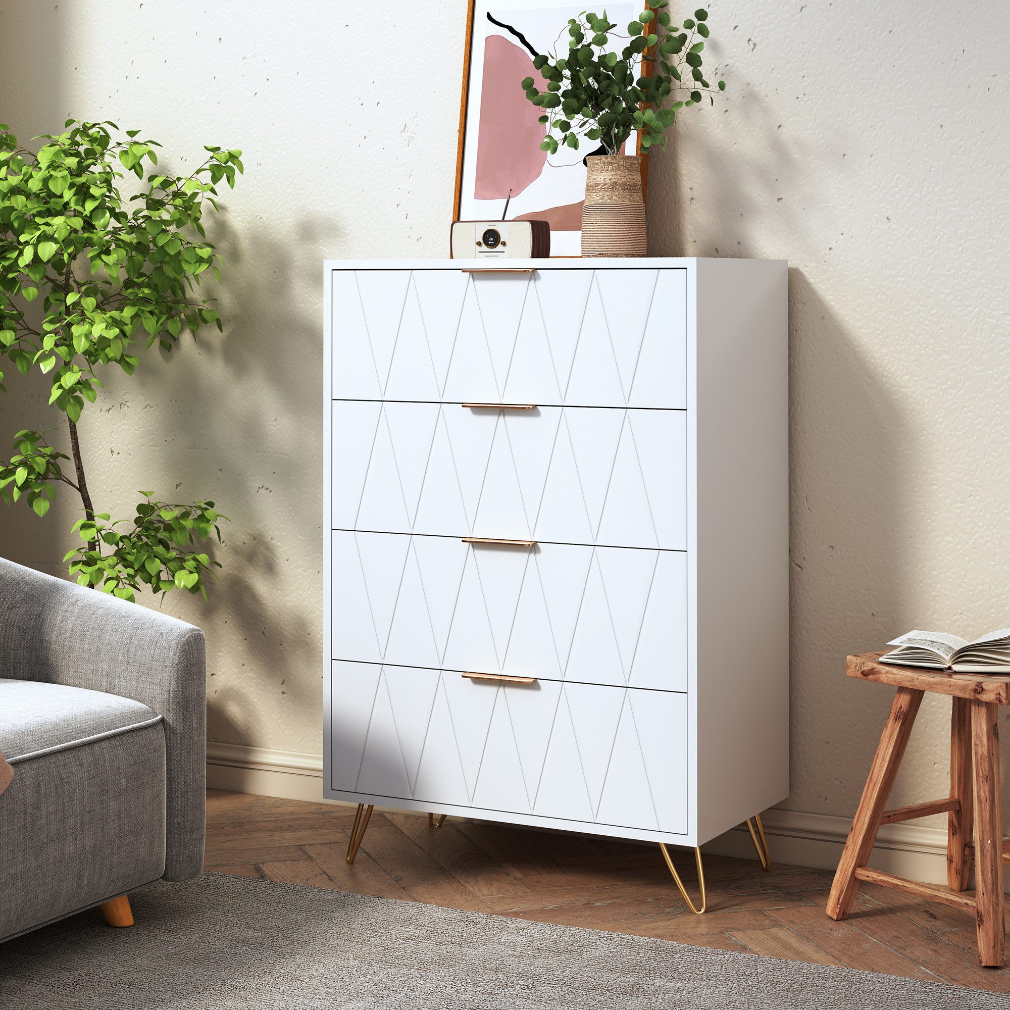 zebery Kommode Sideboard aus Holz, Metallbeine (Set, 1 St., Modern Highboard mit 4 Stauraum Schubladen, Metallgriff), Schmal Kommode Buffet für Schlafzimmer, Wohnzimmer, Flur