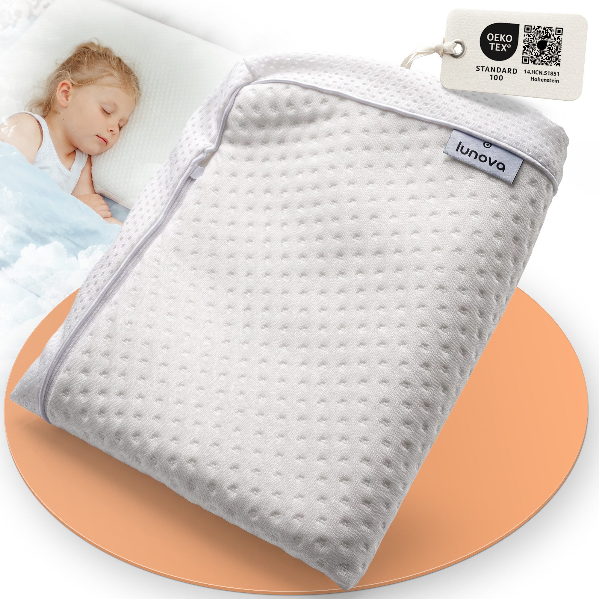 Lunova Schlafkissen DreamLayer Kinderkissen, Füllung: Memory Foam, Seitenschläfer, Rückschläfer, Höhenverstellbar, Temperaturregulierend, 2 Härtegrade
