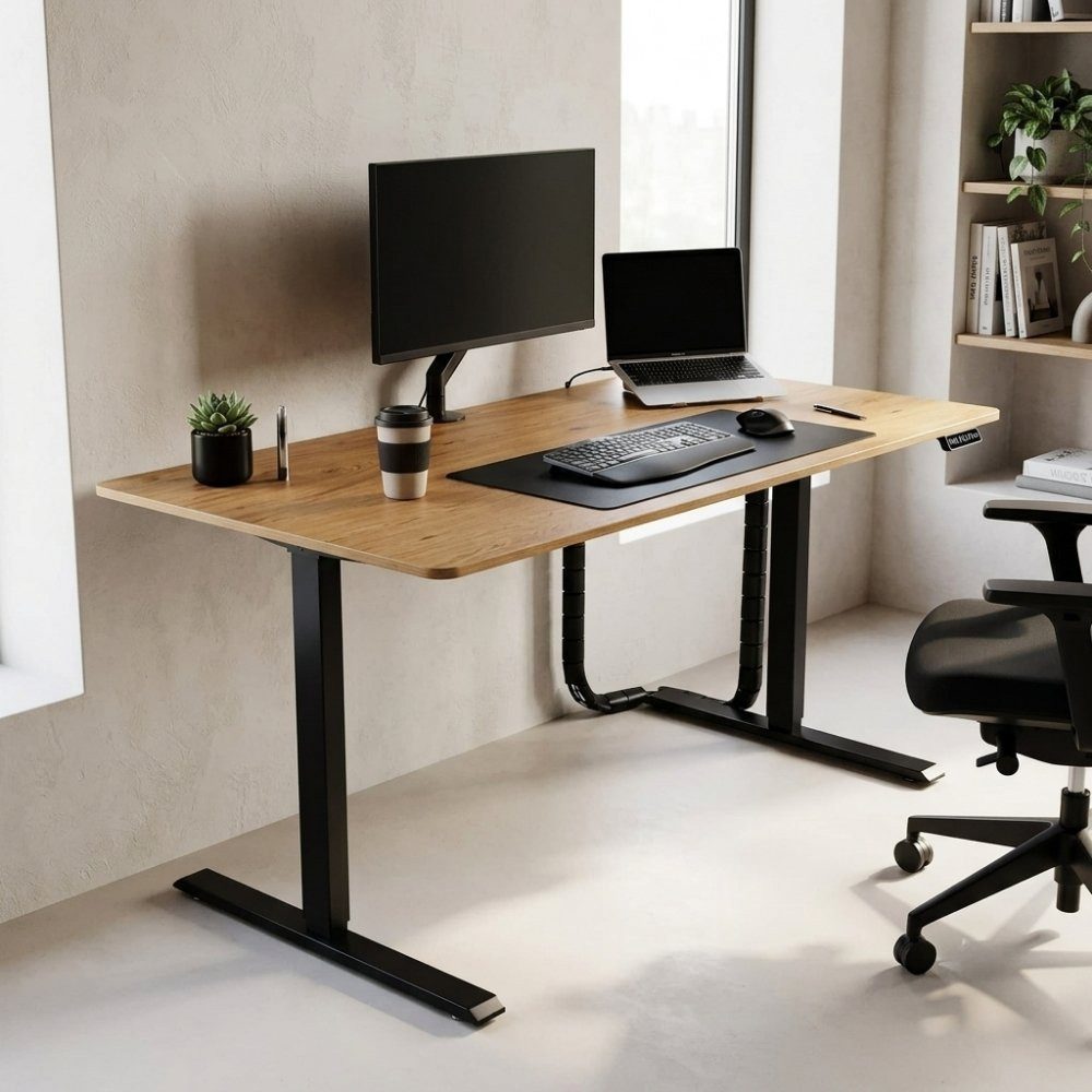 LebensWohnArt Schreibtisch Höhenverstellbarer Schreibtisch KANTOR 140cm Eiche Metall