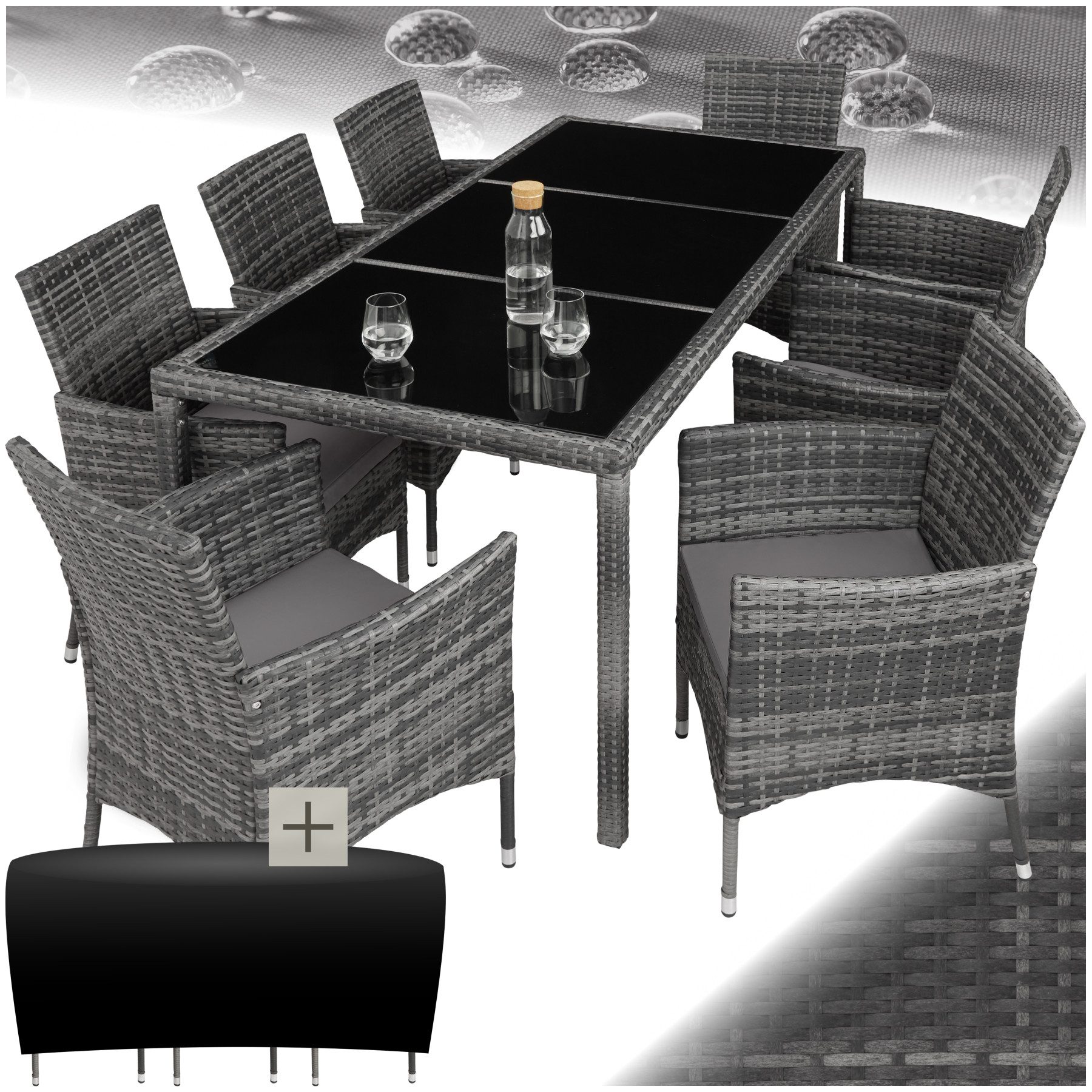 tectake Sitzgruppe Polyrattan Gartenmöbel Set für 8 Personen, wetterfest, UV-beständig, (Gartenmöbel Garnitur Almansa, 9-tlg., in Grau-meliert/grau), Sicherheitsglasplatte und Schutzhülle für langfristige Nutzung