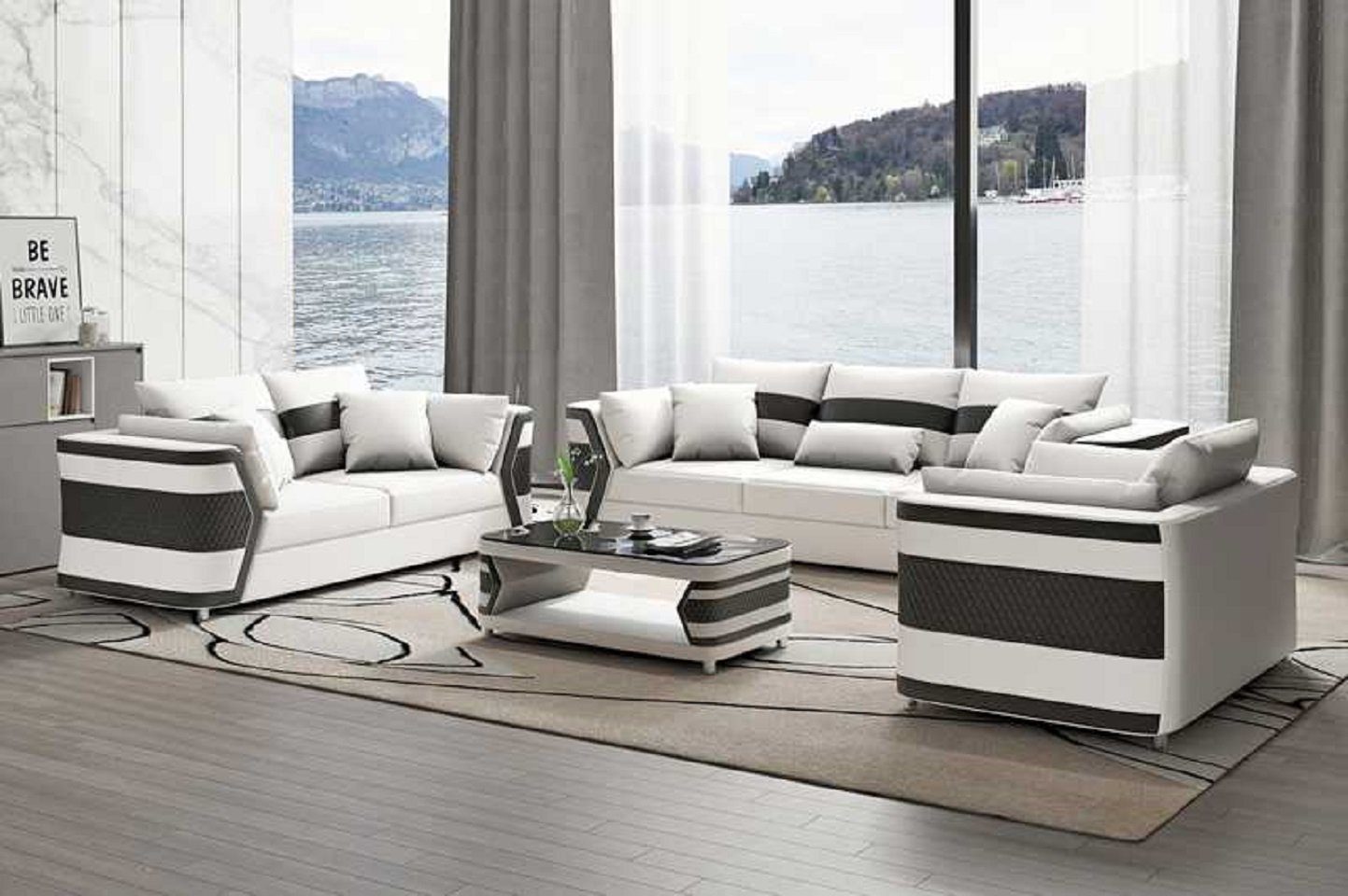 JVmoebel Wohnzimmer-Set Sofagarnitur Couchgarnitur Ledersofa Sofa Komplette 3tlg Sofas Set, (3-St., Nur Sofa 2+3 Sitzer + Sessel), Made in Europe Weiß