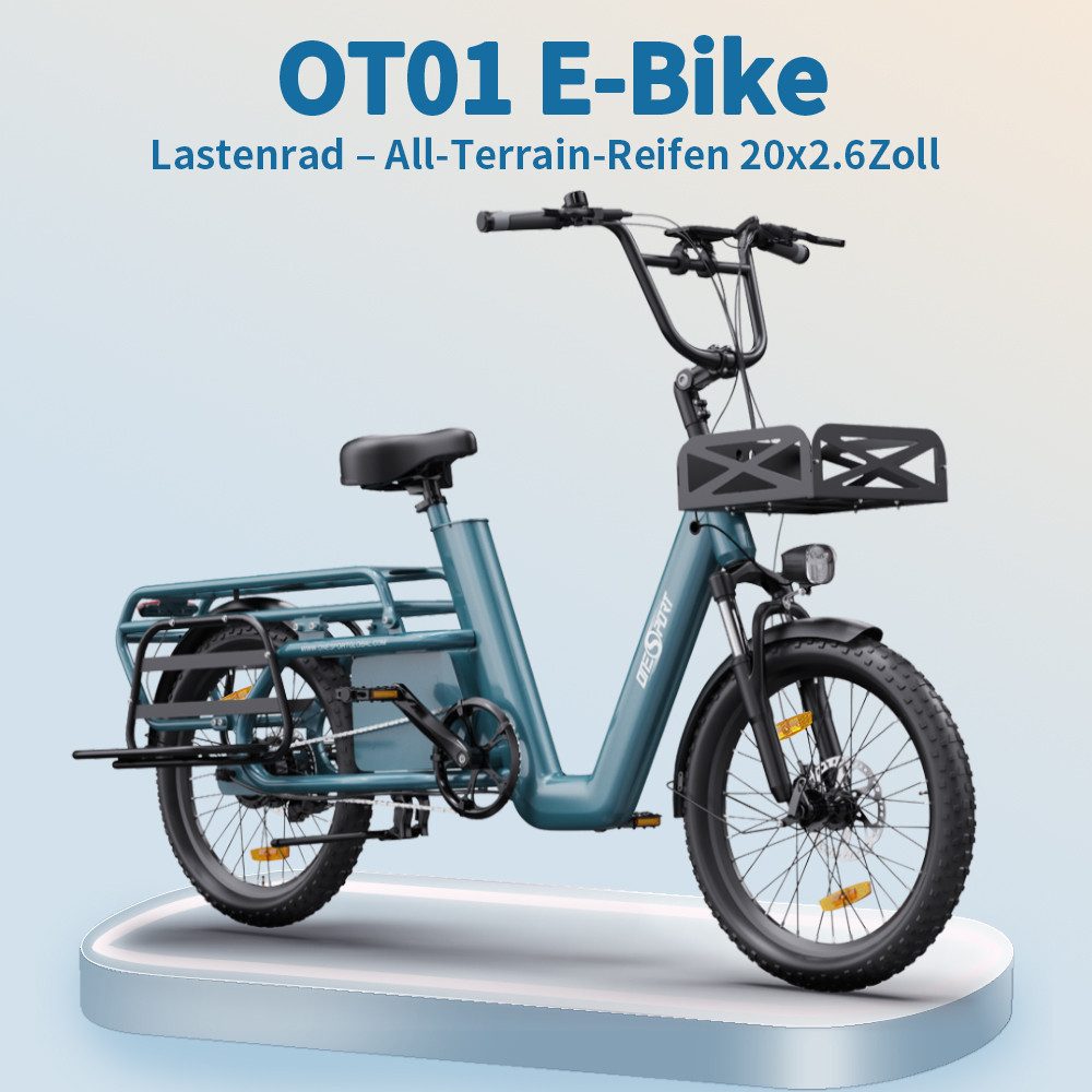Onesport E-Bike Cityrad OT01 Cargo Damen u. Herren 250W, 48V, Geländereifen 20x2.6, Kettenschaltung, Heckmotor, 1296 Wh, elektrischen Bremshebel mit Scheibenbremesen, 20° Steigfähigkeit