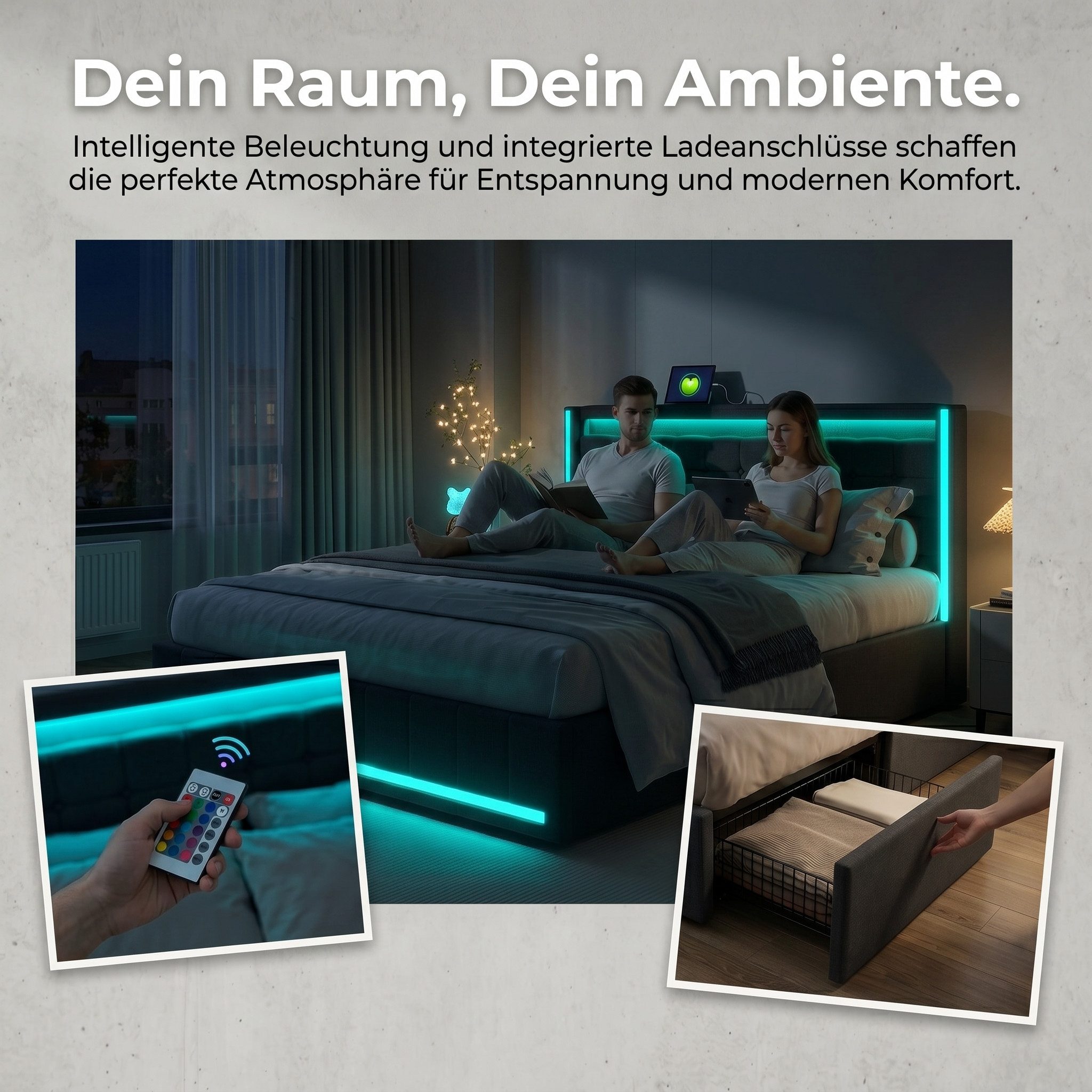 PXloue Polsterbett LED-Bett mit Stauraum und Ladeanschluss (Geeignet für Jugendliche und Erwachsene), Fernbedienung für LED-Farben und sicheres Leinenmaterial 180x200 cm