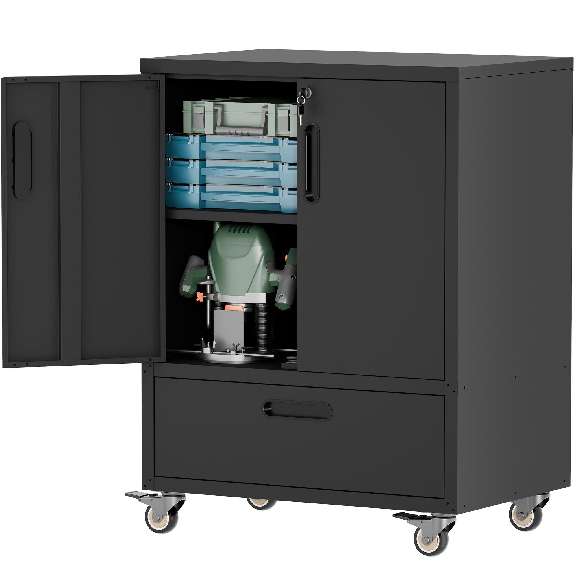 bizoemade Werkzeugwagen Hochwertiger rollbarer Metall-Werkzeugschrank Heavy-Duty, (1-tlg), Schwarz/Grau, 101,5x76x51cm