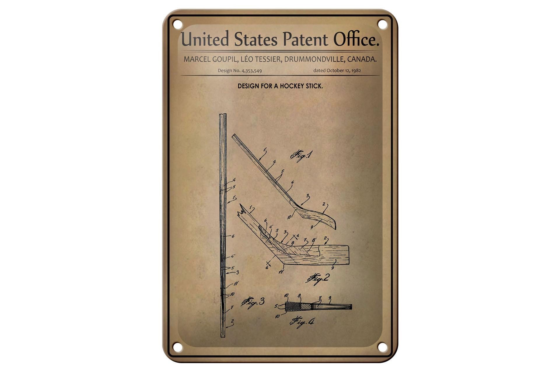 Femer GmbH Metallschild Patent 12x18 cm Entwurf für einen Hockey-Schläger 2, (1 St), gewölbte Oberfläche, abgerundete Ecken, umgeschlagene Kanten