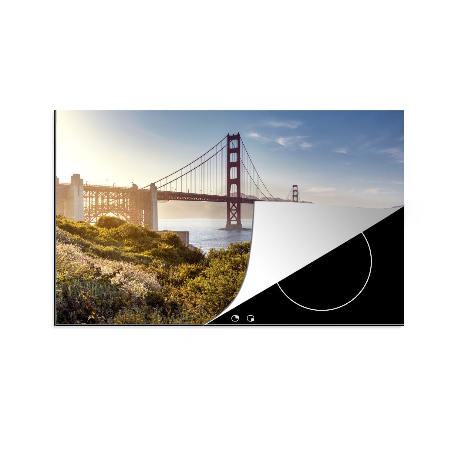 MuchoWow Herdblende-/Abdeckplatte Die Golden Gate Bridge in Kalifornien, Vinyl, (1 tlg), 83x51 cm, Ceranfeldabdeckung, Arbeitsplatte für küche