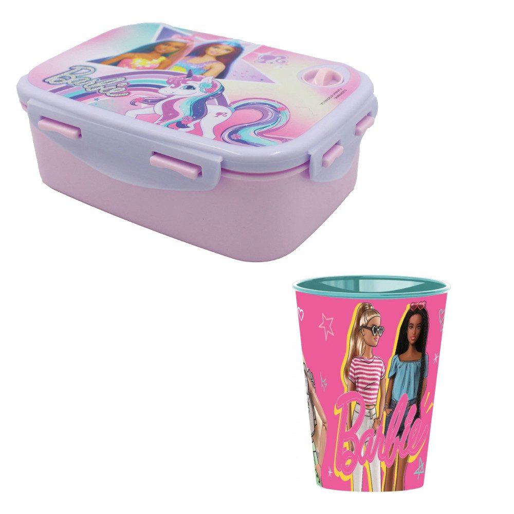 Barbie Lunchbox Barbie and Friends 2 tlg Kinder Set Brotdose Trinkbecher 260 ml, (Spar-Set, 2-tlg)
