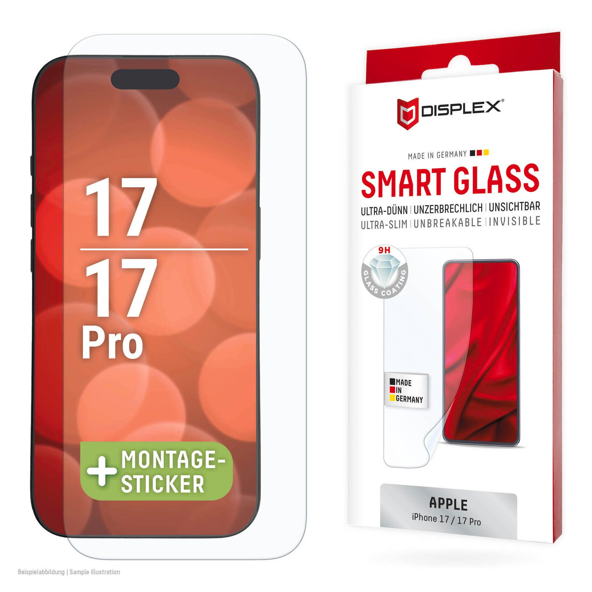 Displex Displayschutzglas Smart Glass Screen Protector für Apple iPhone 17, Apple iPhone 17 Pro, Displayschutzfolie, Schutzfolie, Bildschirmschutz, kratz- & stoßfest