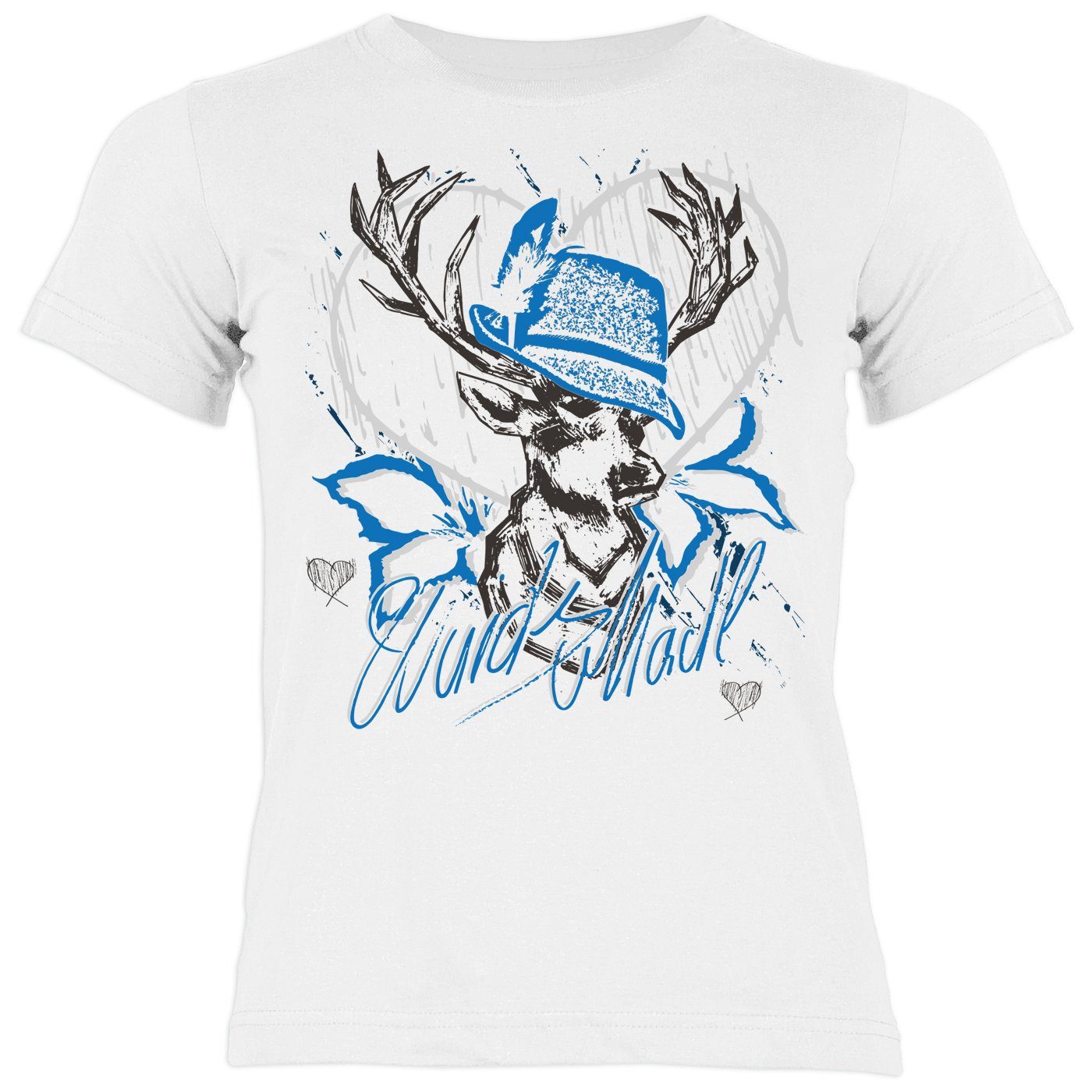 Tini - Shirts T-Shirt Kinder Trachten Motiv Tshirt Volksfest Trachten Hirsch T-Shirt Mädchen : Wuids Madl (blau)