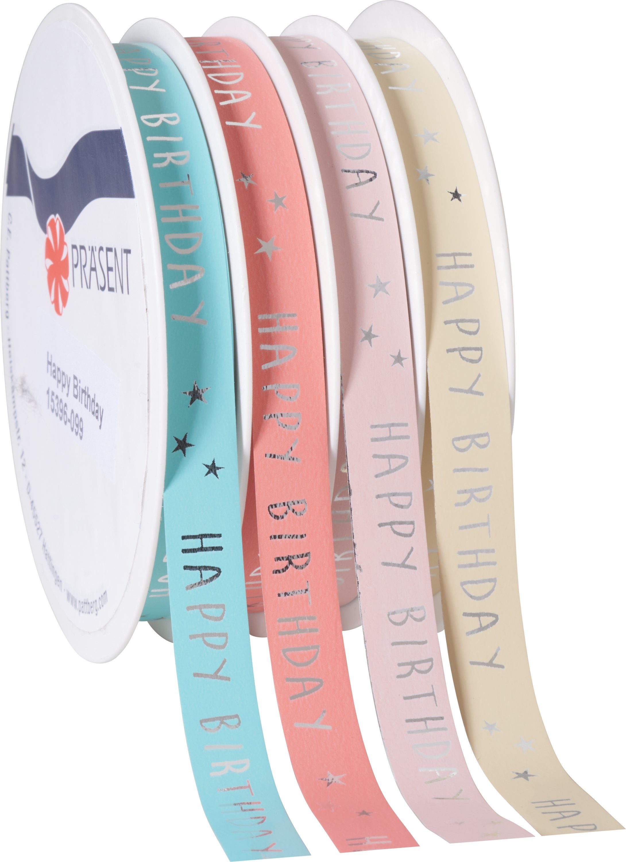 PRÄSENT Dekoband Happy Birthday, 4er-Set á 6 m