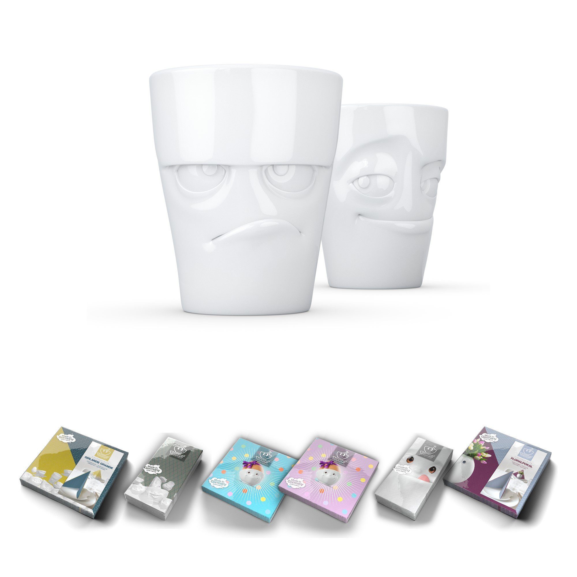 FIFTYEIGHT PRODUCTS Tasse Becher Set Nr. 1 - grummelig + verschmitzt + Servietten - OHNE HENKEL - Becher ohne Henkel Weiß