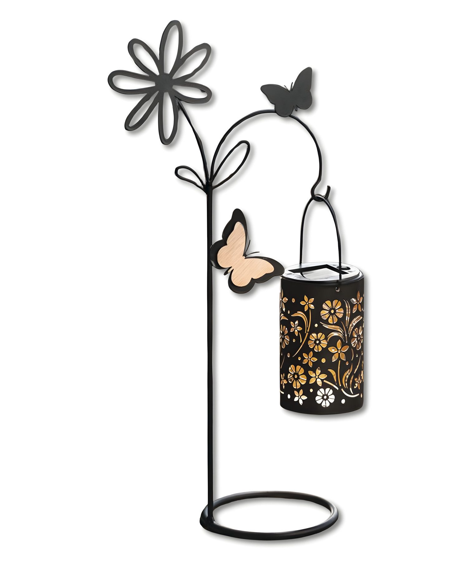 Dekoleidenschaft LED Laterne "Blüten" mit Ständer, Metall, schwarz, Solar Outdoor Hängelaterne, Gartenlaterne für Draußen, wetterfest, Solarlaterne Außen, Solarlampe