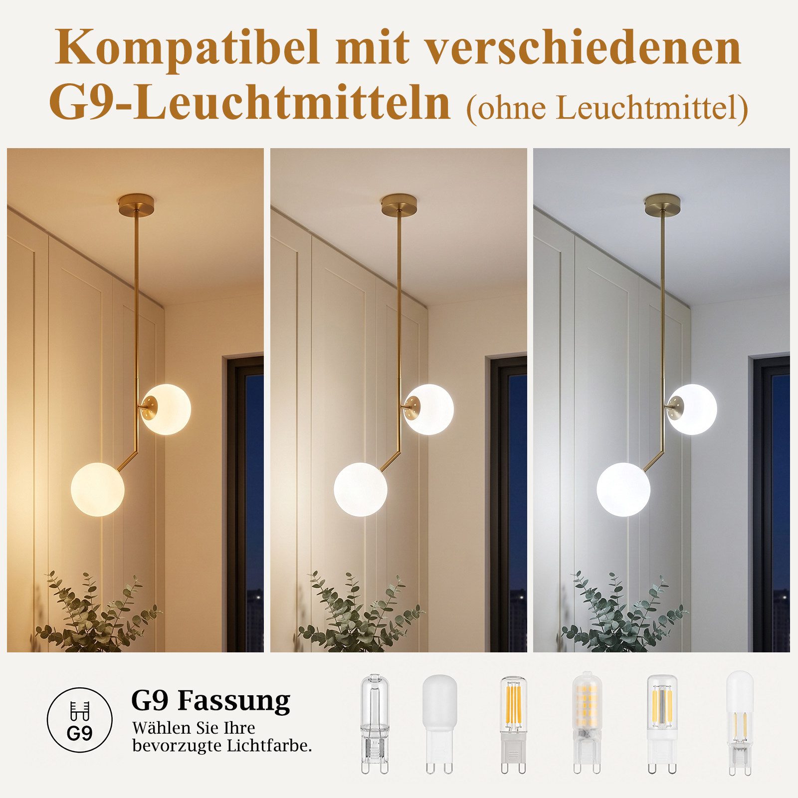 Nettlife Pendelleuchte 1/2flammig Gold Modern Kugel Hängeleuchte G9 Glashängeleuchte, ohne Leuchtmittel, für Esstisch Wohnzimmer Schlafzimmer Küche