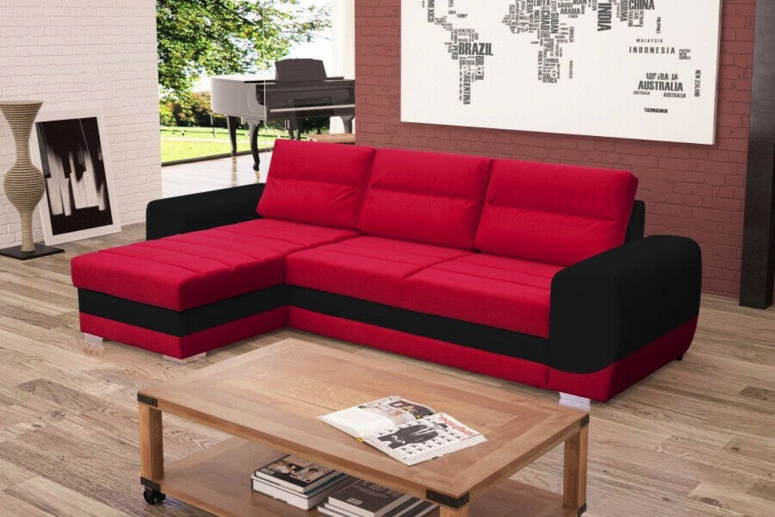 JVmoebel Ecksofa, Sofa Schlafsofa Designer Sofa mit Bettfunktion + Bettkasten Rot/Schwarz | Ecksofas