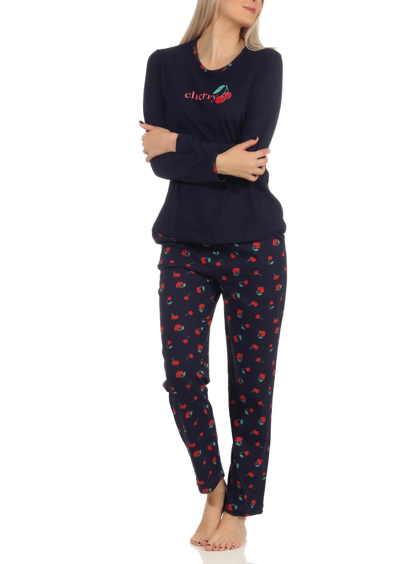 Pyjama Süsser Damen Schlafanzug langarm Pyjama mit Kirschen als Motiv