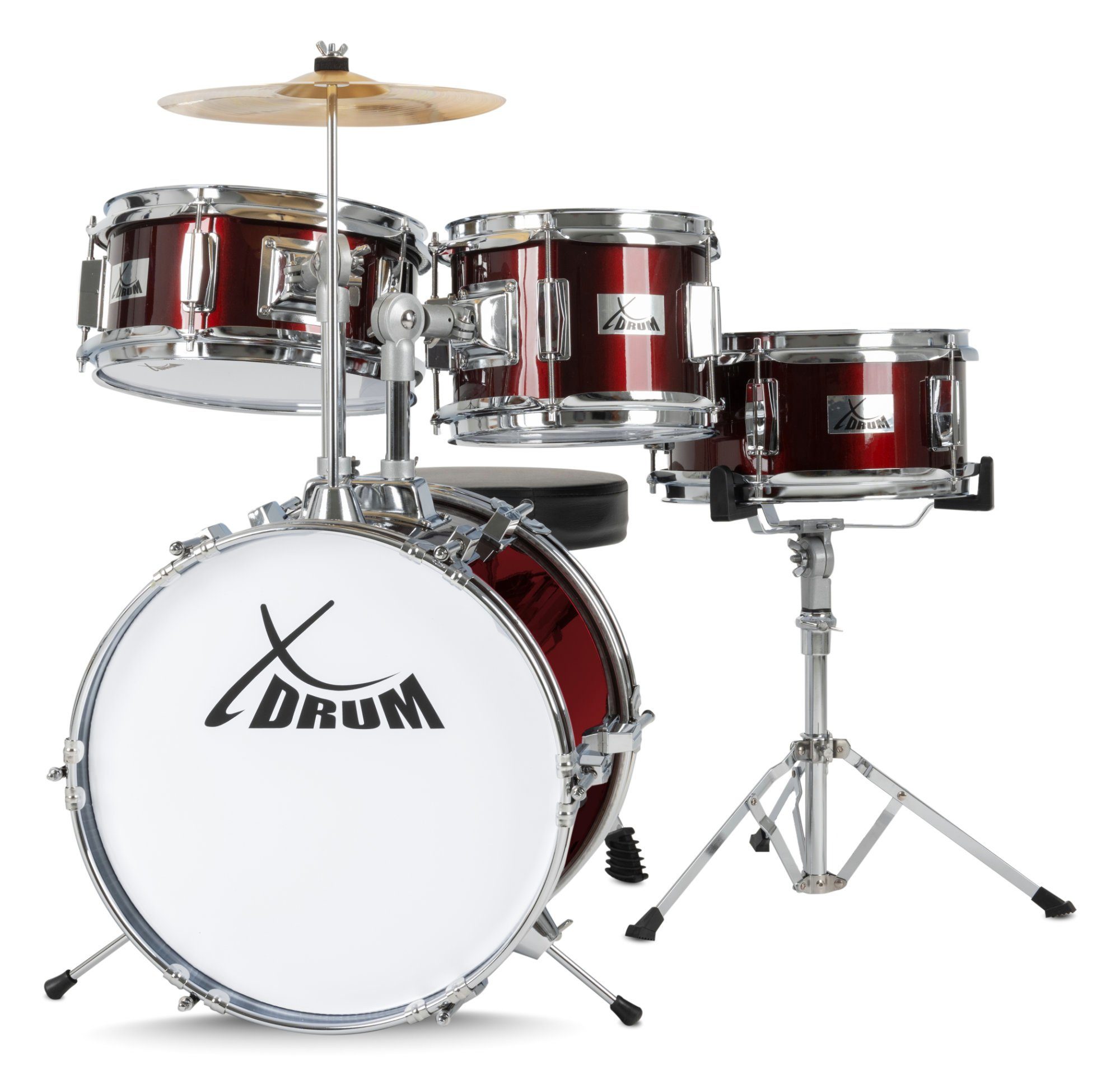 XDrum Kinderschlagzeug Junior,Komplettes Drumset, Inkl. Drumsticks &  Schlagzeughocker, Kesselgrößen: Bass Drum 14", Snare Drum 10", Zwei Tomtoms  10" und 8"