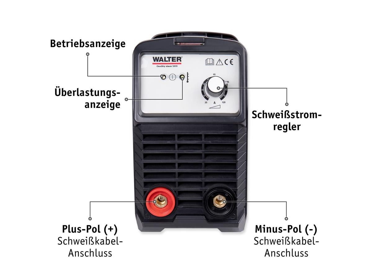 WALTER Inverterschweißgerät WWS-TIS-12A, Inkl. Schlackenhammer mit Drahtbürste, Schweißschutzschild, Tragegurt