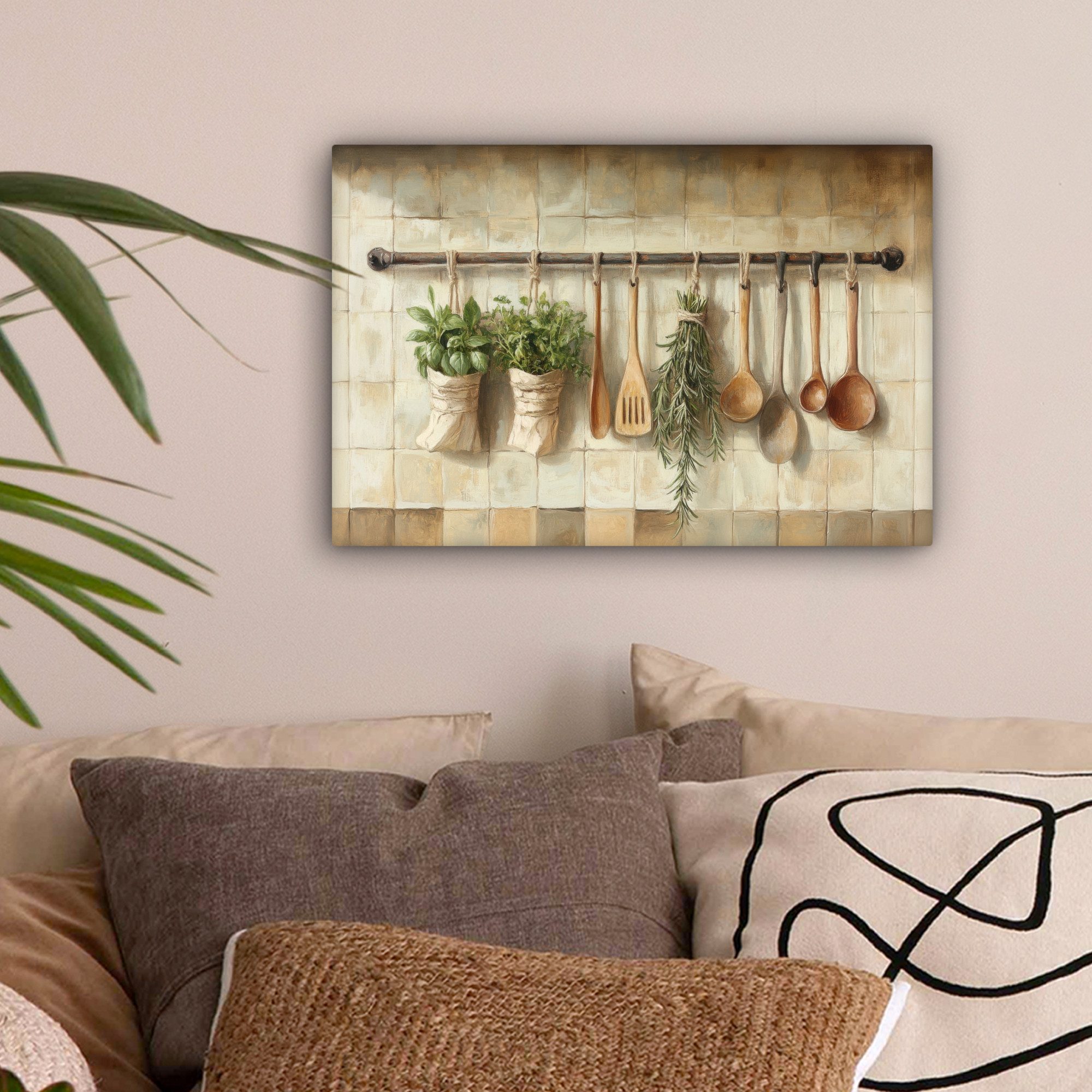 OneMillionCanvasses® Leinwandbild Holz - Küchengeräte - Stilleben - Kacheln günstig online kaufen