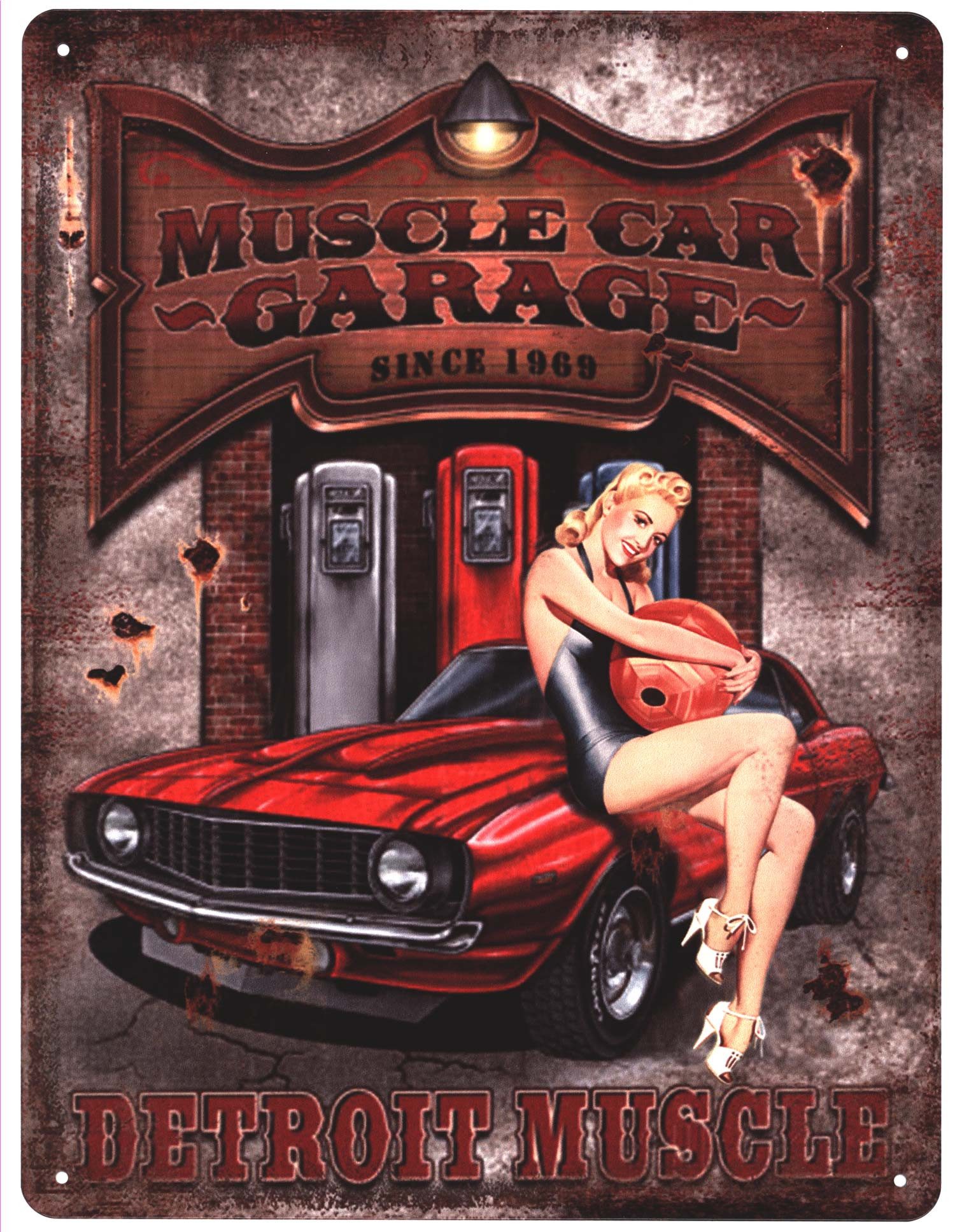 Moritz Metallschild Blechschild Muscle Car Garage Frau auf Auto, (Einzeln), 25 x 33 cm Vintage Retro Deko Schild Metallschild Wandbild Schild