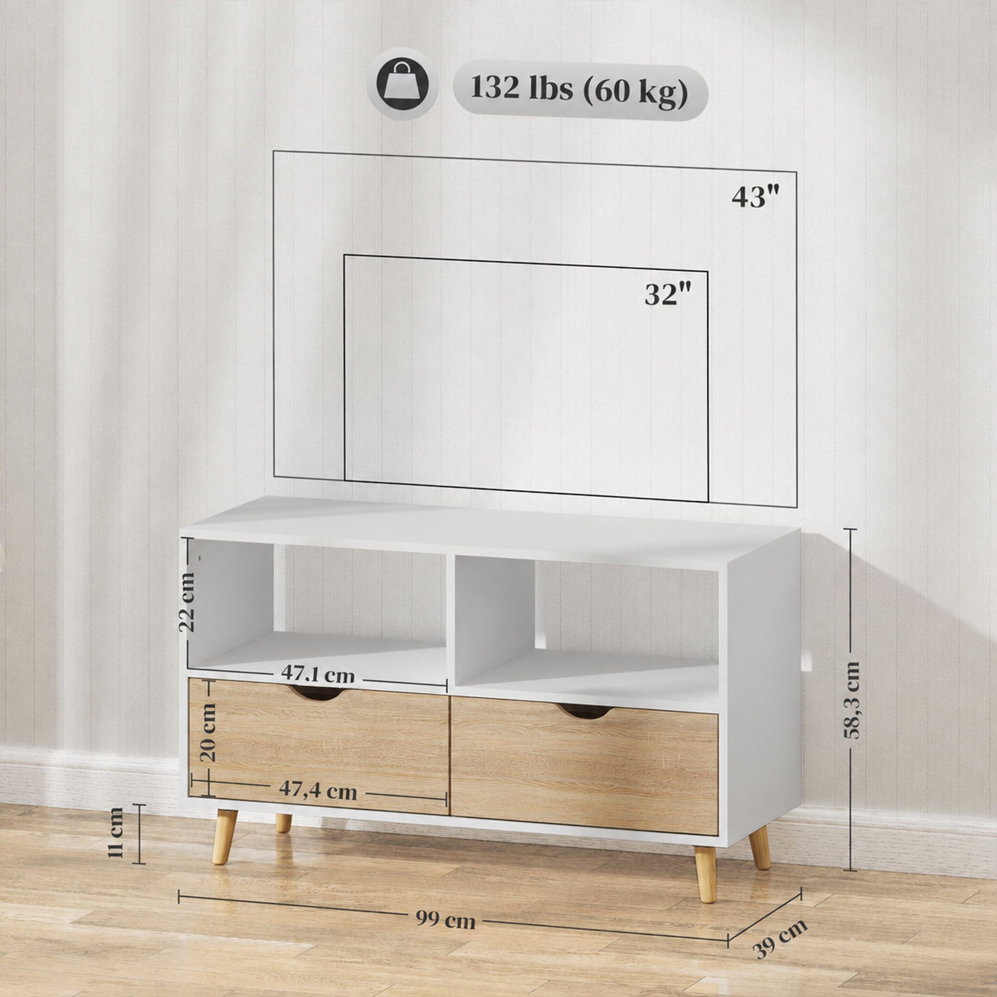 HOMCOM TV-Board TV Schrank Lowboard mit 2 Ablage, Schublade, 99 cm lang (TV Board, 1 St., Fernsehtisch), für Wohnzimmer, Weiß – Bild 3 von 5