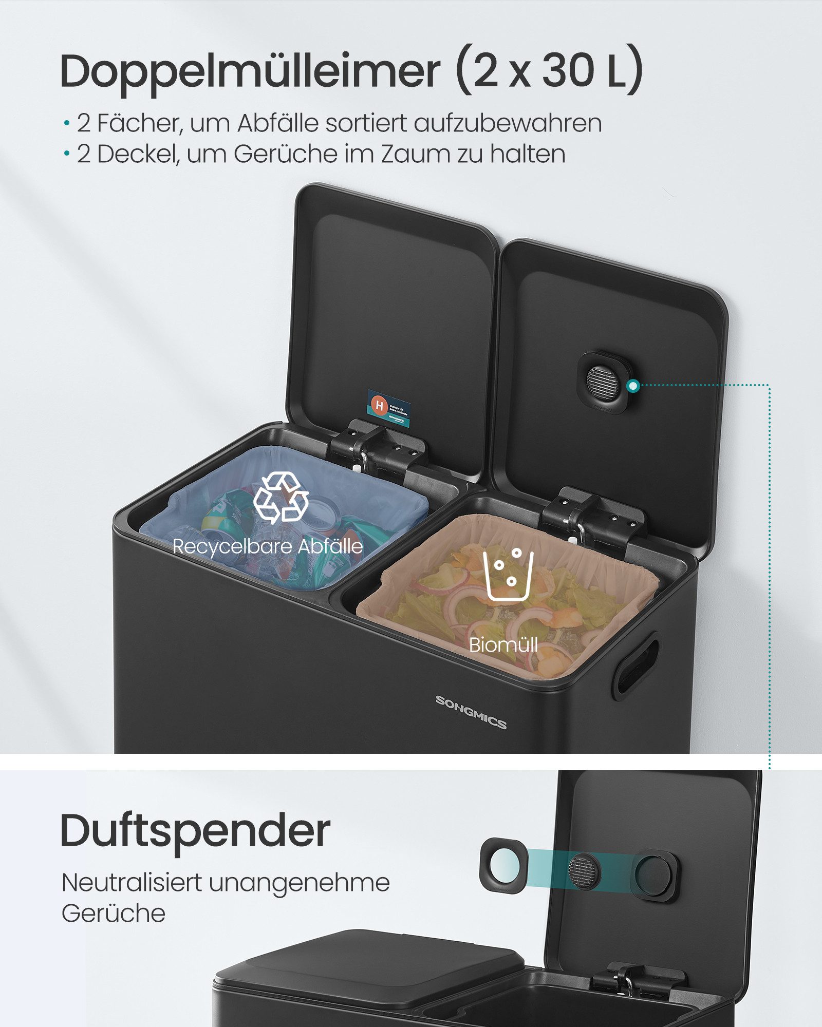 SONGMICS Mülleimer Integrierte Duftspender, Mülleimer Küche, 2 Fächer, Mülltrennsystem, Softclose, 2 x 30 L