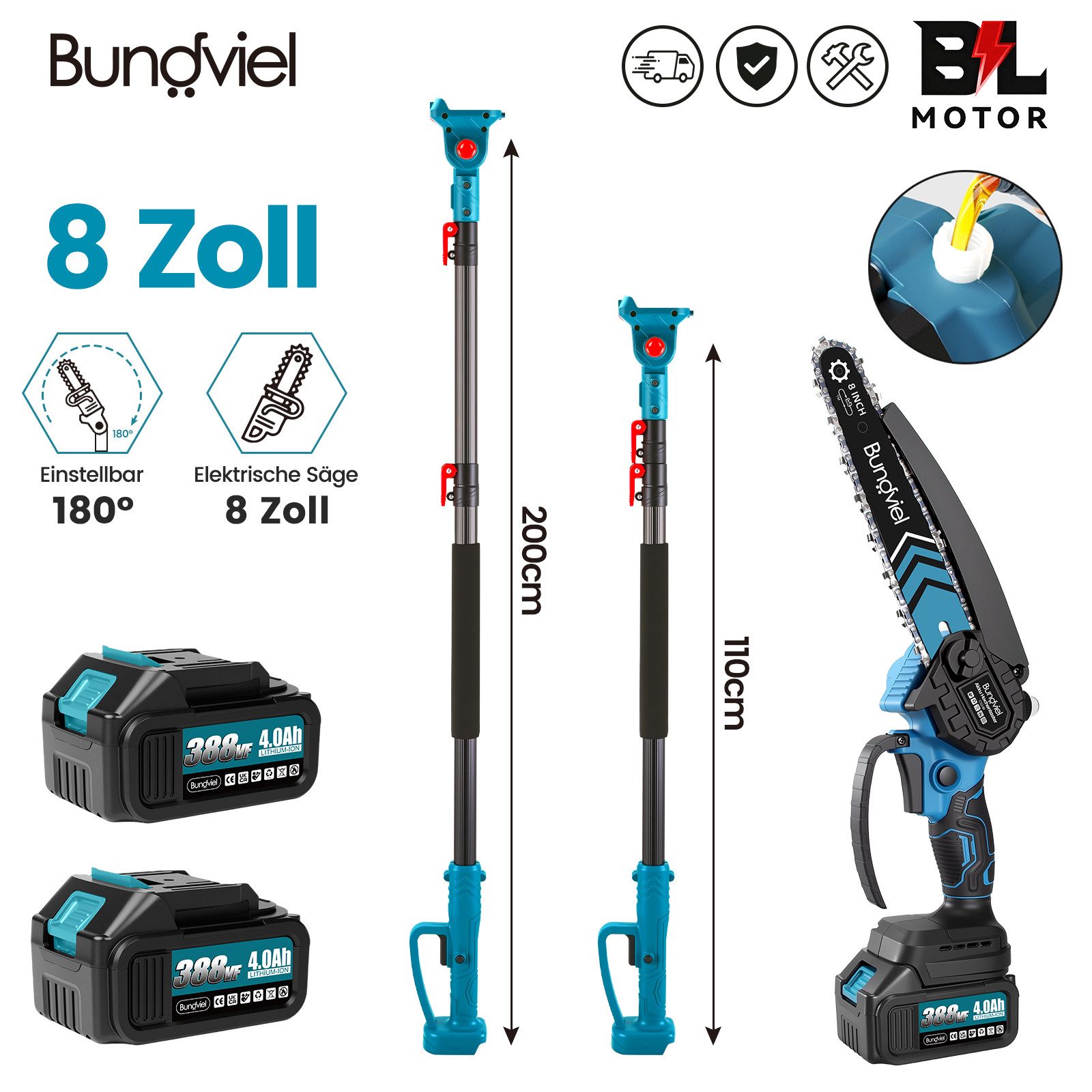 Bundviel Akku-Hochentaster Teleskop Astsäge Astschere Teleskopsäge Akku Kettensäge Hochentaster, bis 235,5 m Arbeitshöhe, Bürstenloser Motor, mit 2× 4000mAh Akku