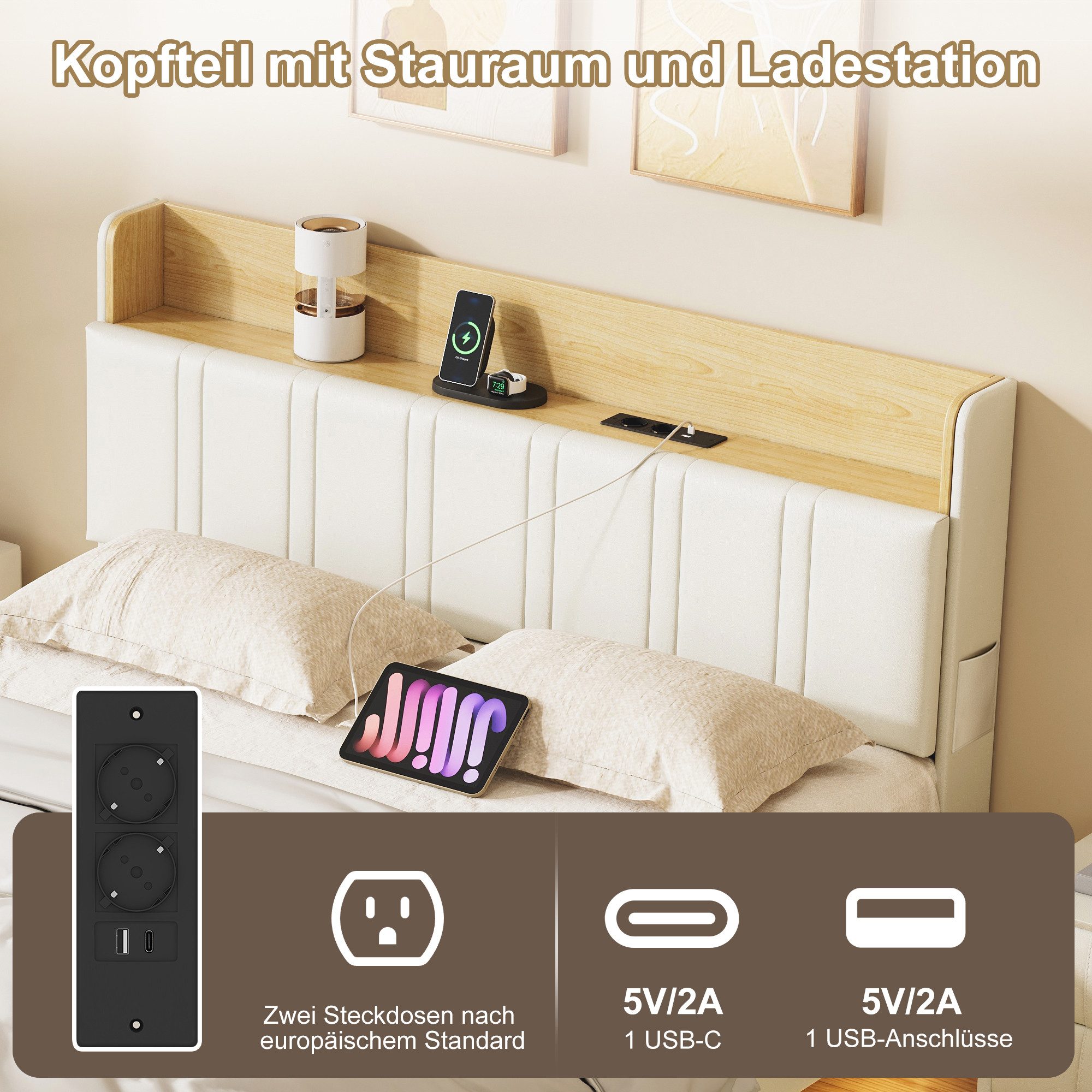 Simurq Polsterbett 160x200cm LED Stauraum USB Weiß Eichenoptik (USB-Ladeanschluss), Schwebebett,LED,Stauraum,USB,Weiß,Eichenoptik,Lattenrost – Bild 5 von 5