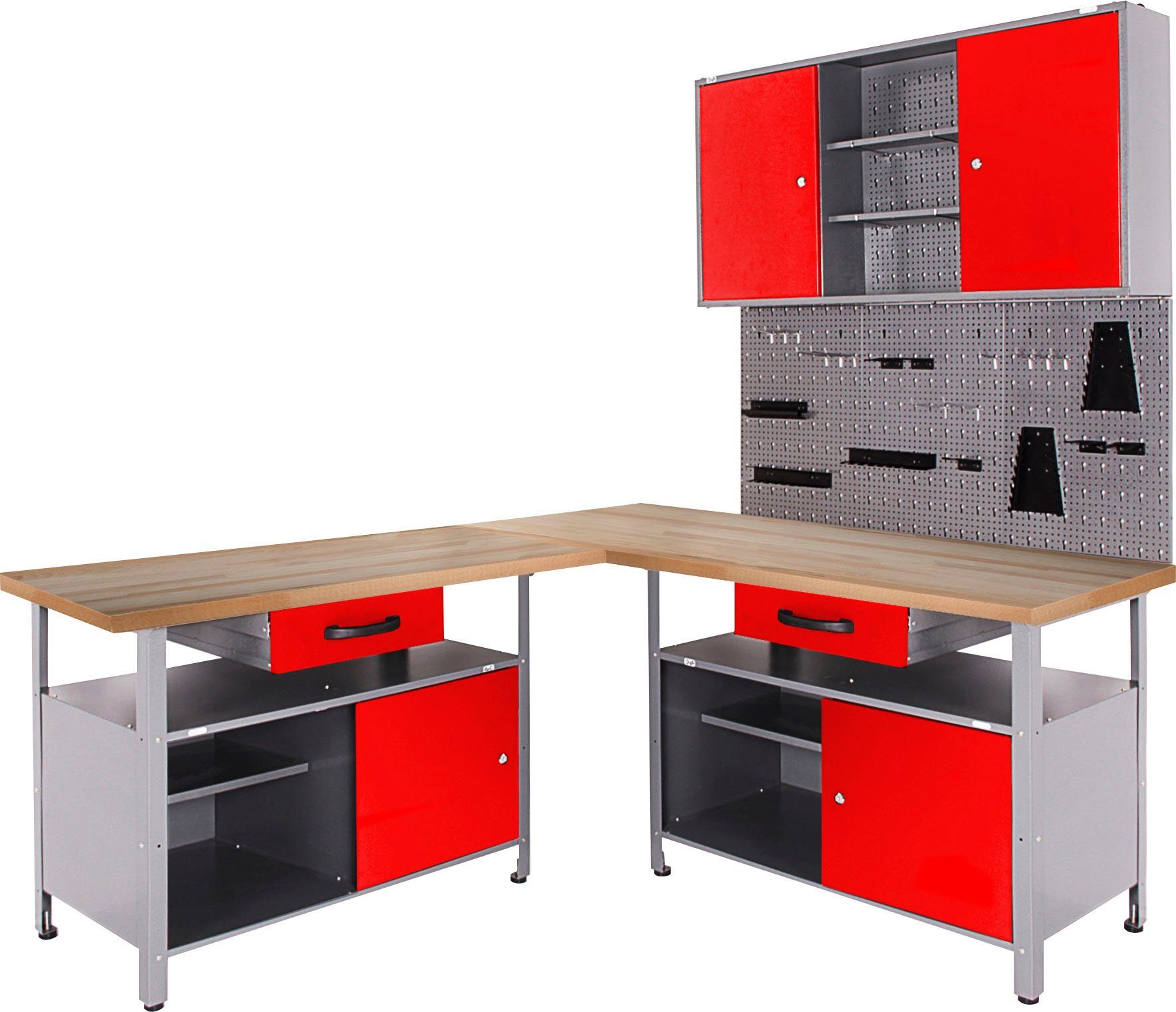 ONDIS24 Werkstatt-Set, Werkbänken, 2 mit (4-tlg), Werkzeugschrank & Lochwand