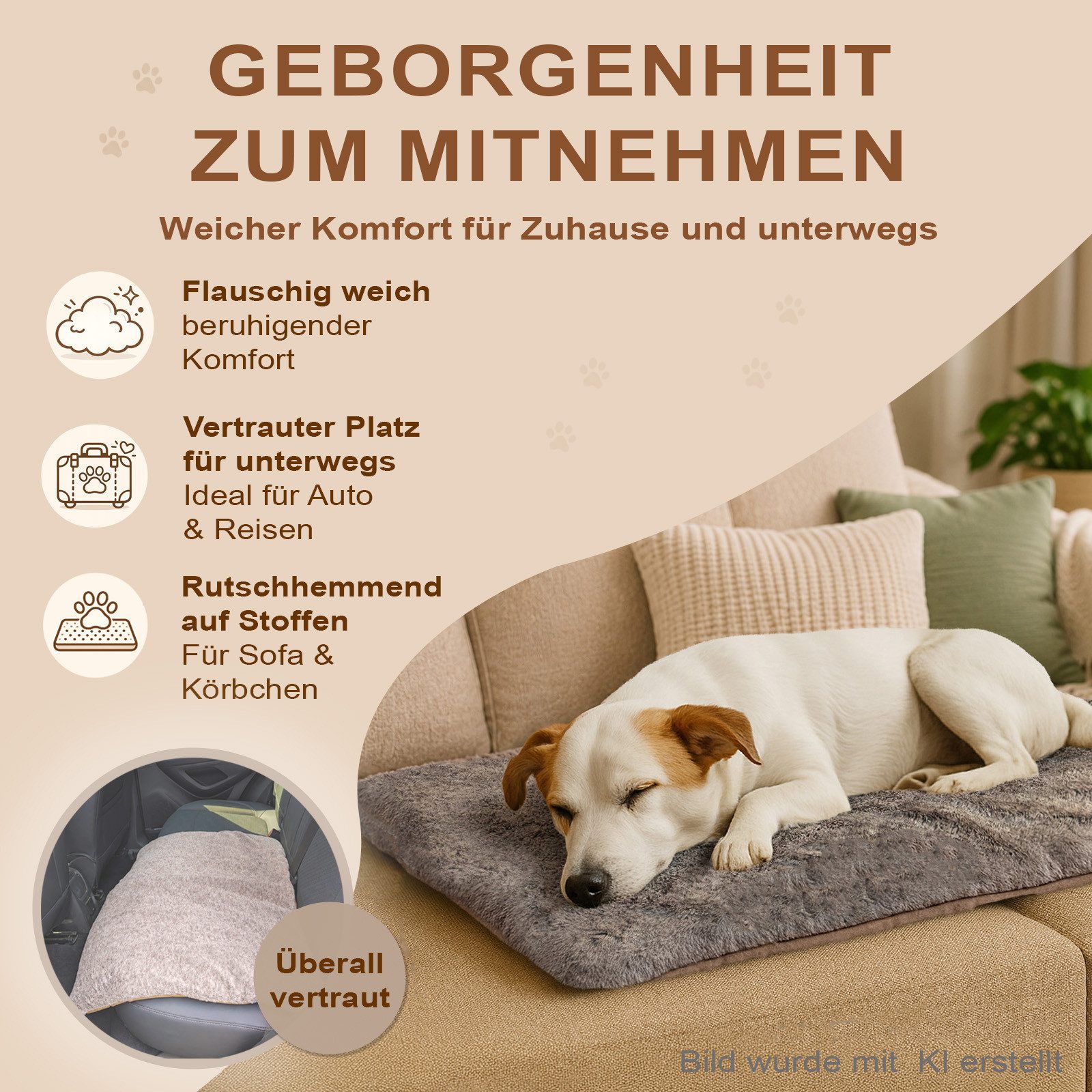 XiRRiX Pfotenliebling Tierdecke Hundedecke Flauschige Liegedecke Wärmend, aus weichem Hasen Fell Imitat, Farbe: braun/grau, Schutzdecke für Sofa, Körbchen, Auto – Bild 3 von 5