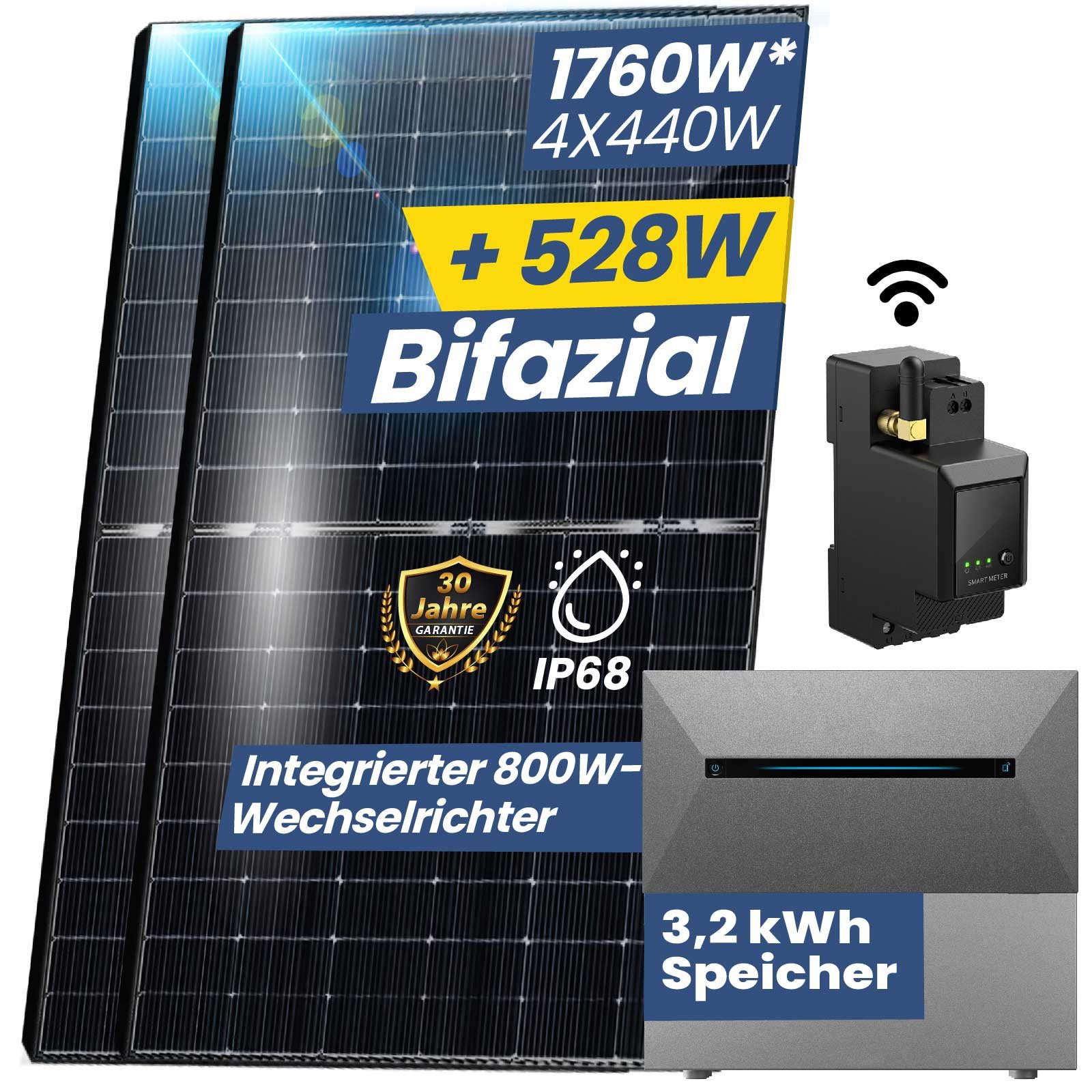 Stegpearl Balkonkraftwerk All In One Balkonkraftwerk 1760W Komplett Steckdose, Monokristalline, (3,2 kWh ANKER SOLIX E1600 PRO Speicher für Balkonkraftwerk), 4x440W Bifaziale Glas/Glas n-Type, Wechselrichter mit APP&WiFi
