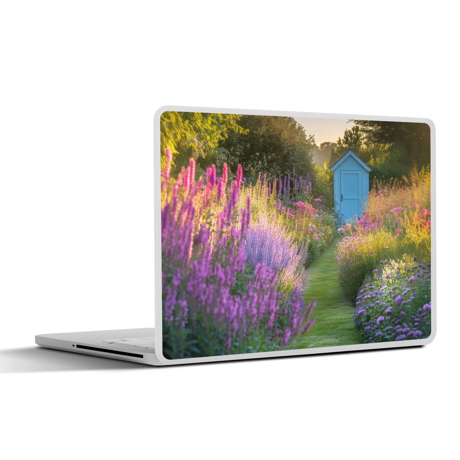 MuchoWow Laptop-Aufkleber Gartenhaus - Blau - Blumen, (1tlg), Laptop Folien Cover, Aufkleber, Sticker, Schutz vor Kratzern, 30x21 cm