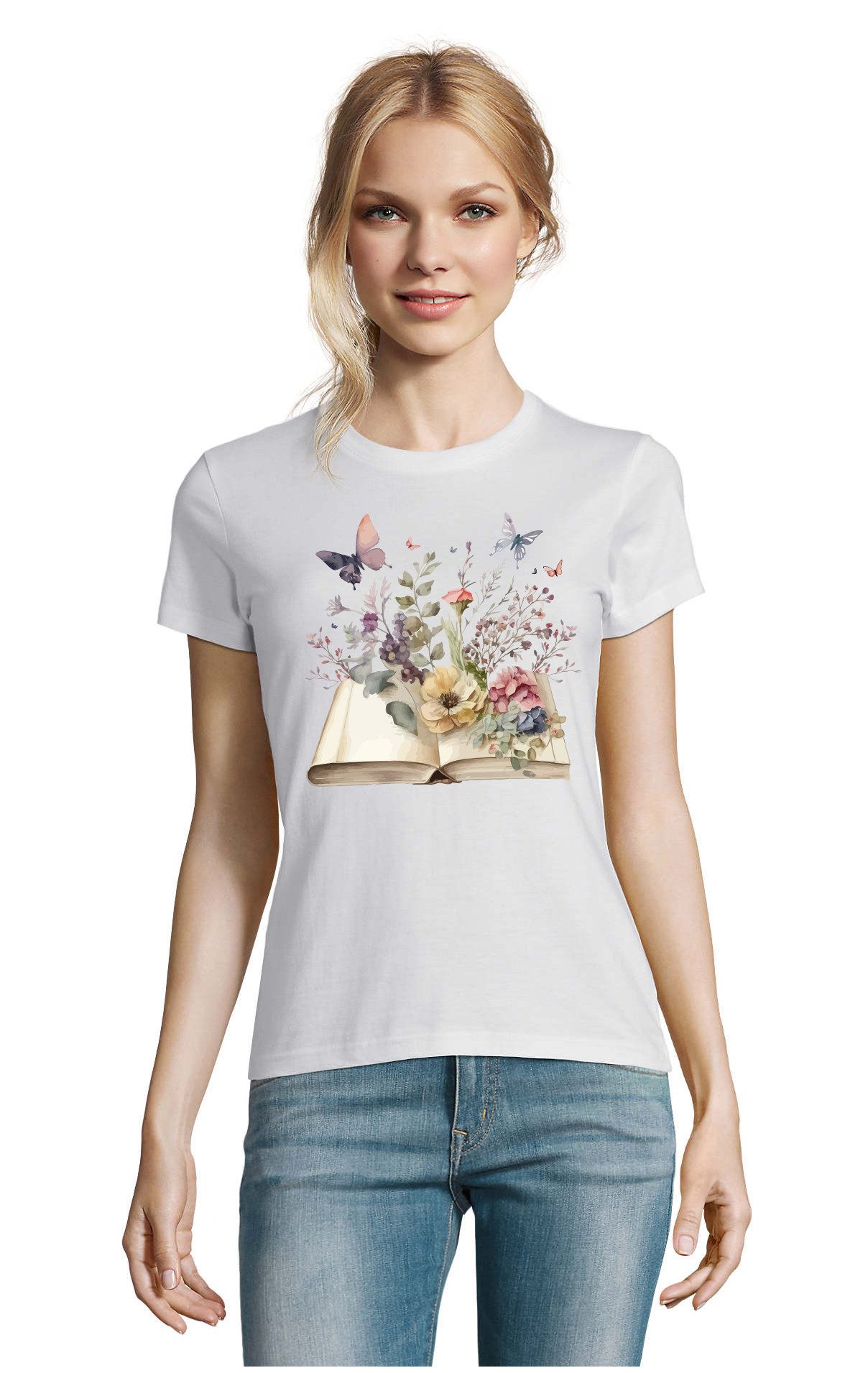 T-Shirt openBooksFlowers D Tee Damen T-Shirt Blütenbuch Print